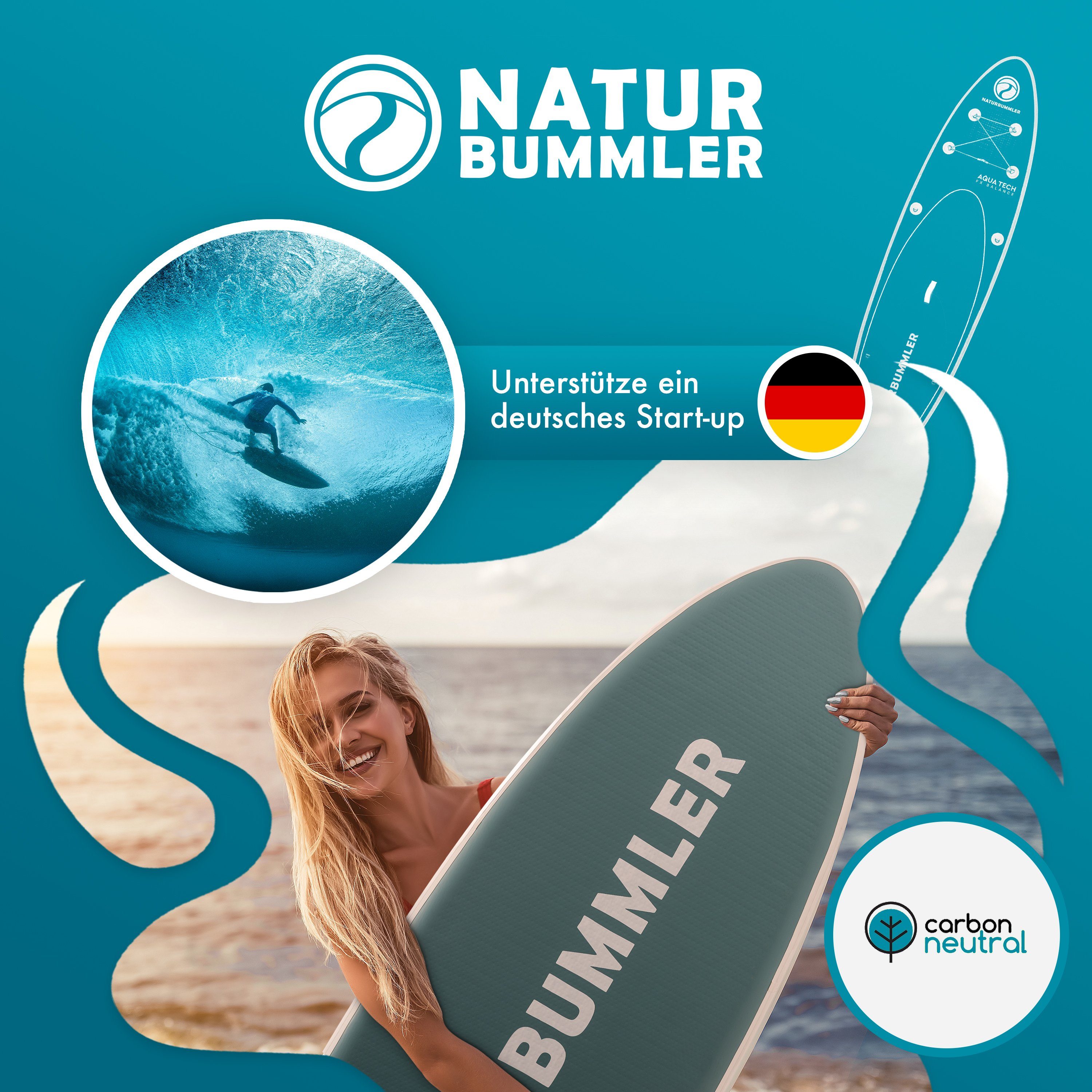 Naturbummler SUP-Board CO2 Neutral 330 x 81 x 15 cm Stand Up Paddle Deutsche Brand, (Set), für Anfänger & Fortgeschrittene – SUP Board Komplett Set