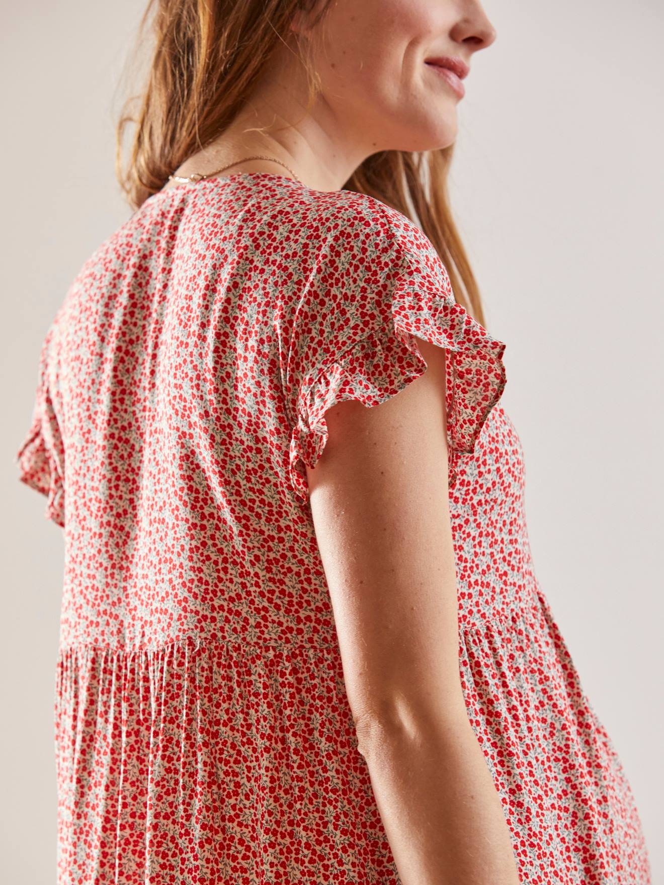 Robe fluide imprimée grossesse et allaitement beige aop