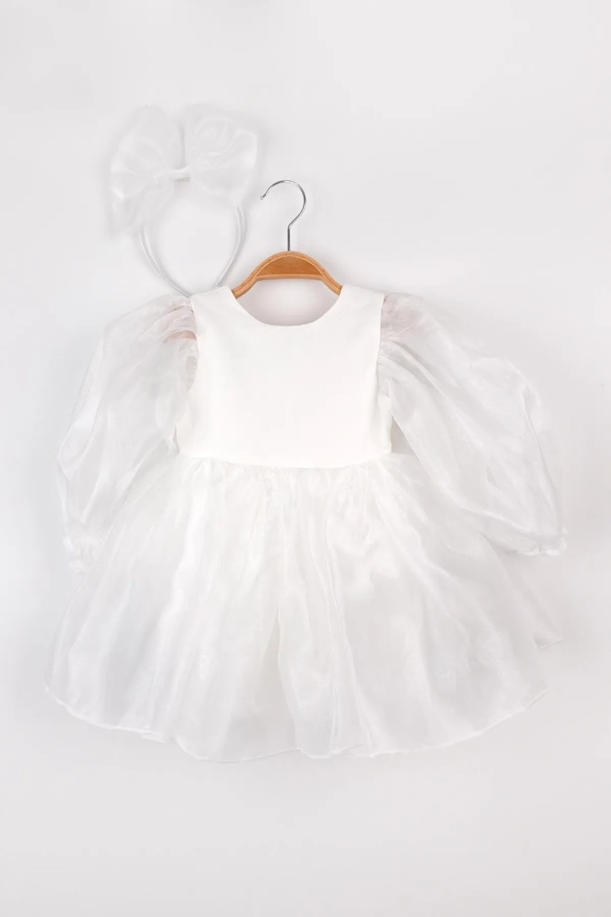 Le Mabelle  Weißes, langärmliges Organza-Partykleid für Mädchen – Salbei