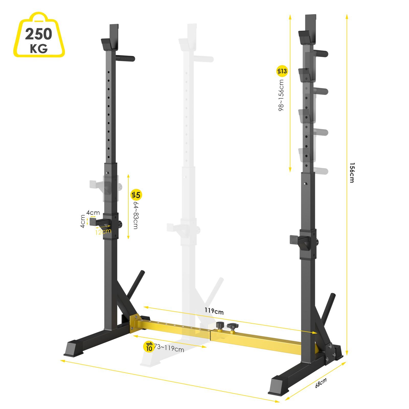 Femor Hantelbank, Squat Rack, Langhantelablage verstellbar bis 200kg