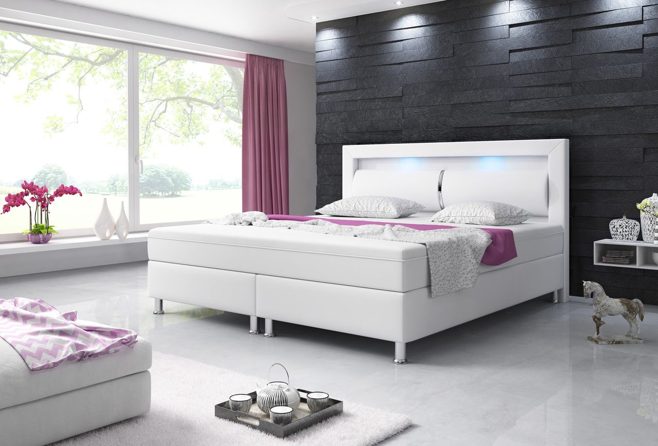 IHG Boxspringbett MILANO 180x200 Kunstleder Weiss TYP 6 mit integriertem Topper