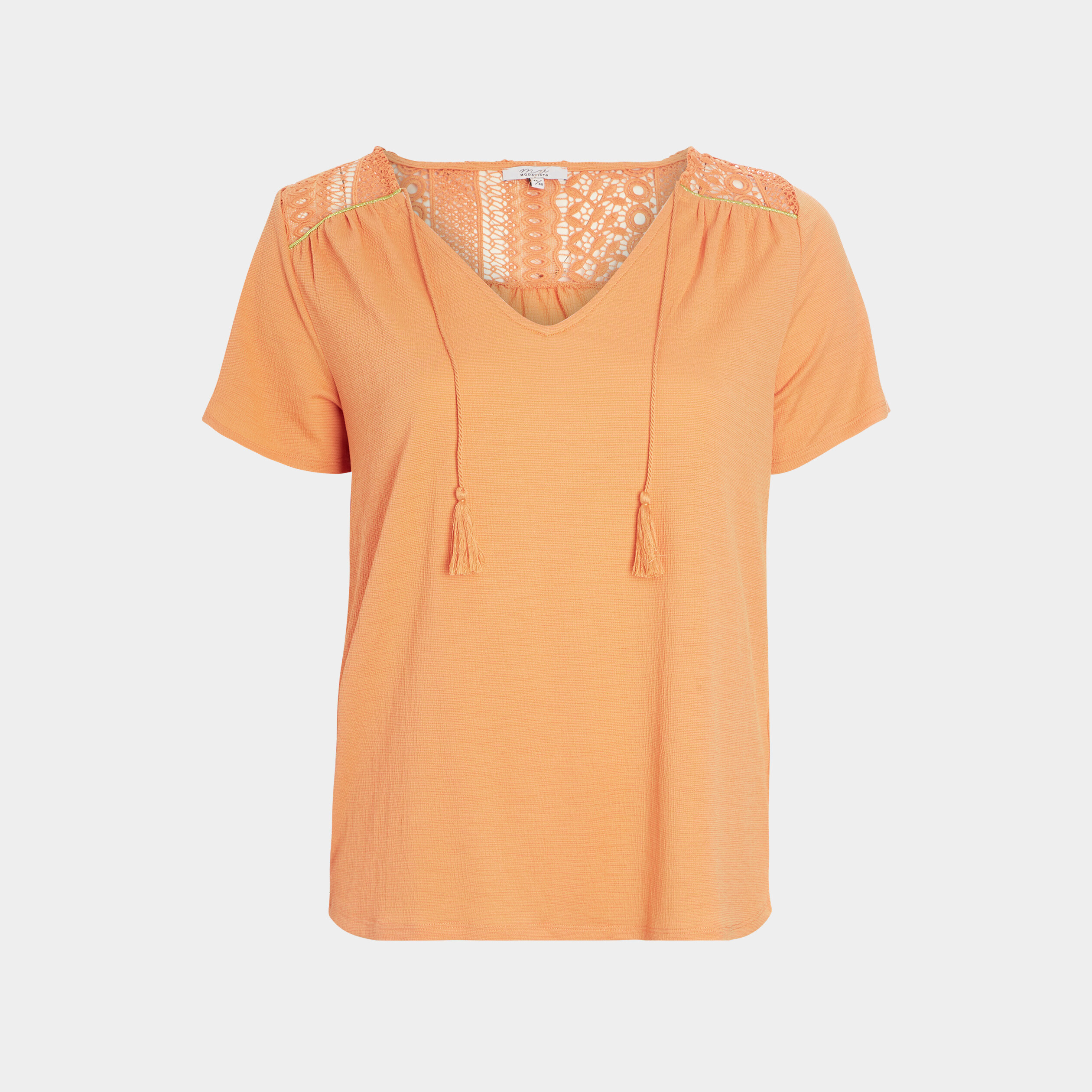 T-shirt avec cordons et dentelle orange corail femme grande taille | La Halle