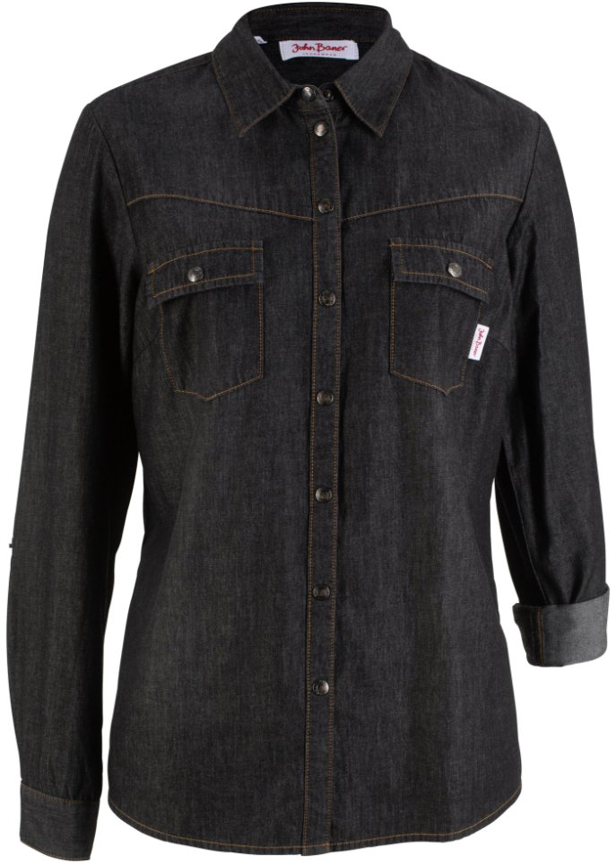 Jeansbluse mit Druckknöpfen, Langarm