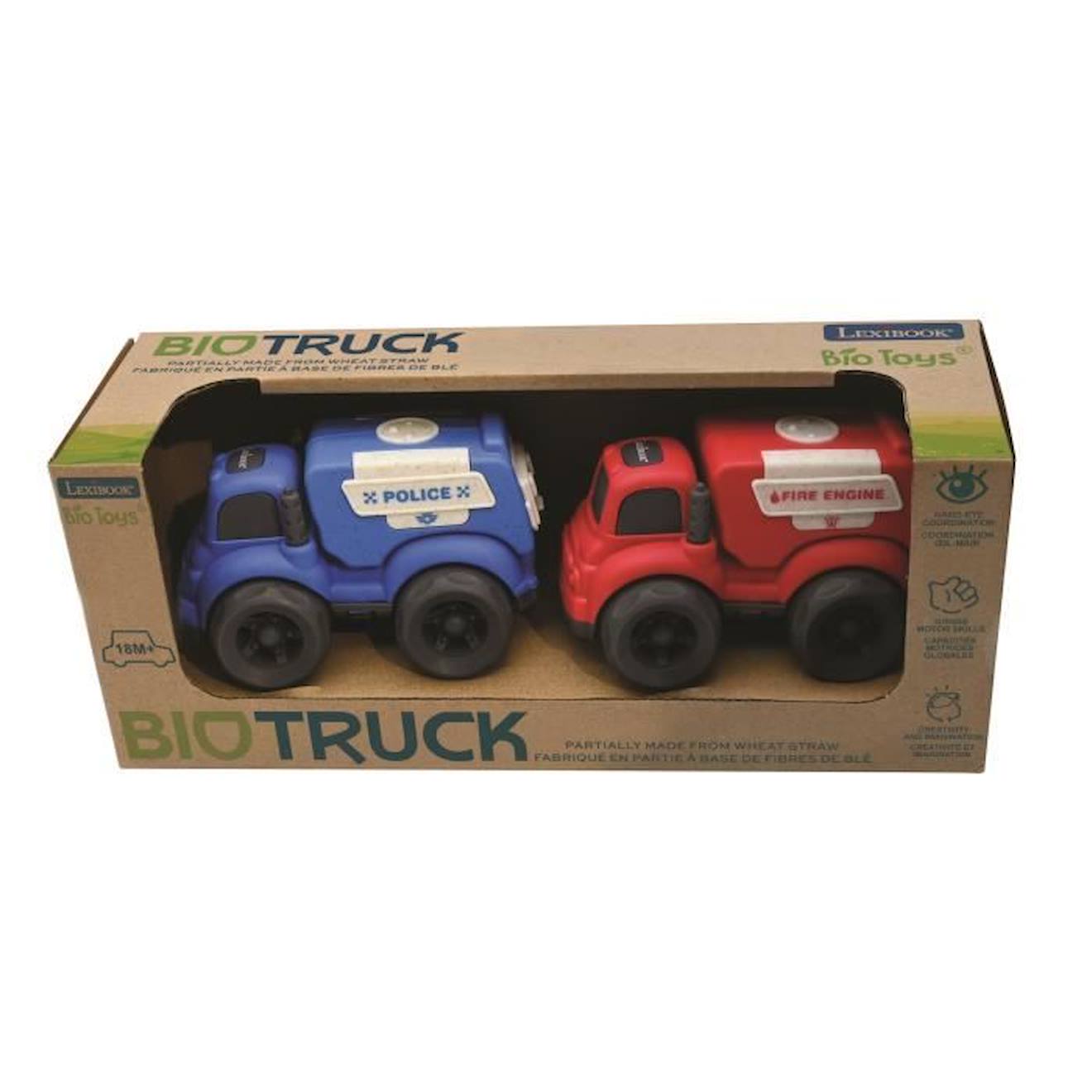 Mini police+camion pompier en fibres de blé, recyclable et biodégradable rouge