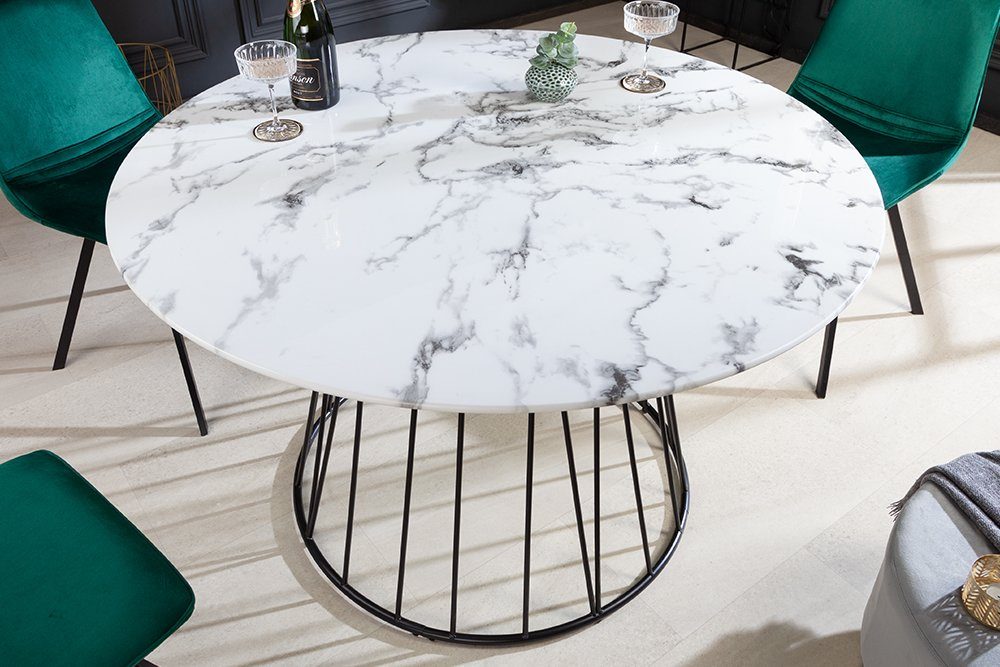 riess-ambiente Esstisch PARIS Ø120cm weiß / schwarz (Einzelartikel, 1-St), Glas · Metall · rund · Marmor-Design · Retro · Küche · Bistro