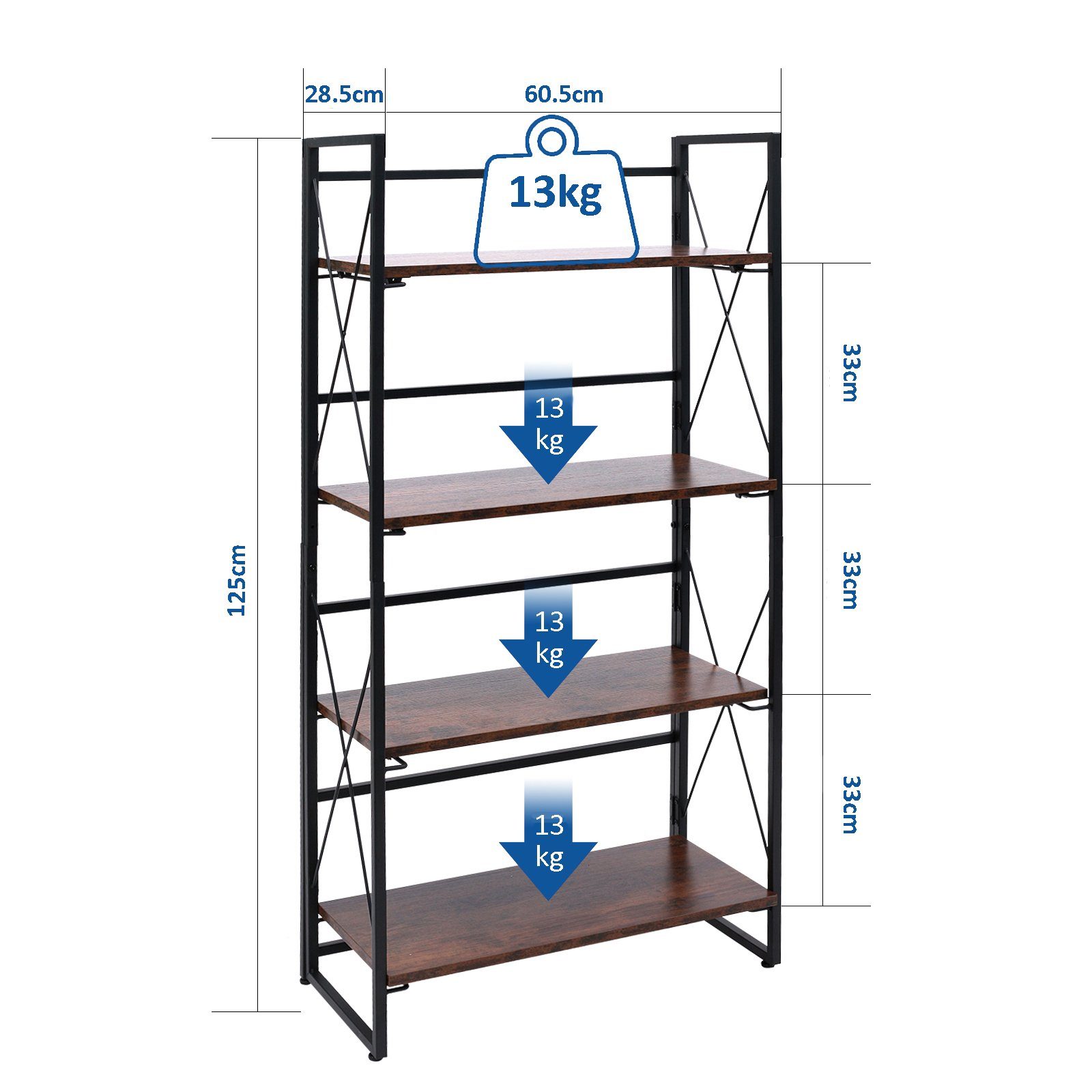 KAHOO Bücherregal Faltbares Standregal, 60x28x125cm, Lagerregal bis 52kg