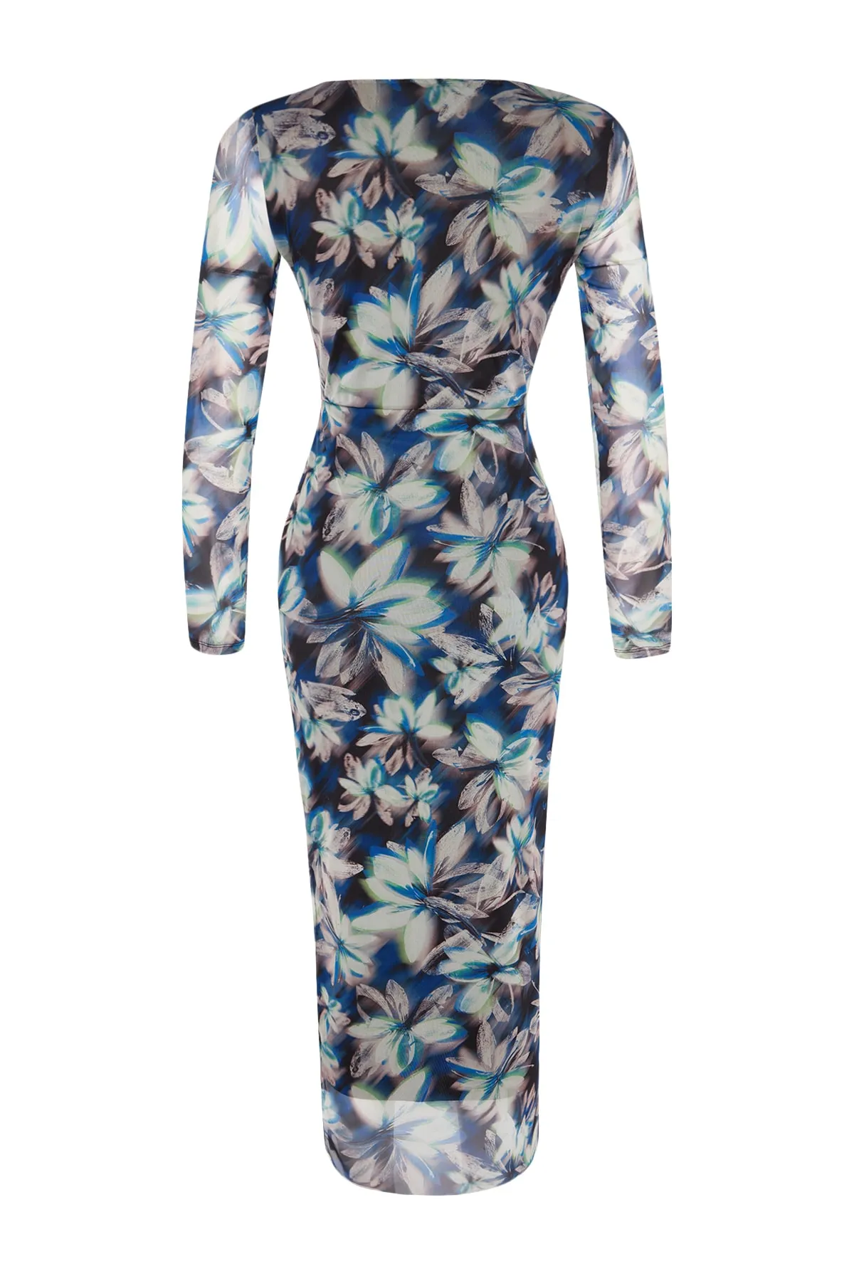 Trendyol Collection  Mehrfarbiges, figurbetontes, langärmliges, dehnbares Maxi-Strickkleid mit Tüll und Blumenmuster und quadratischem Ausschnitt TWOAW24EL00291