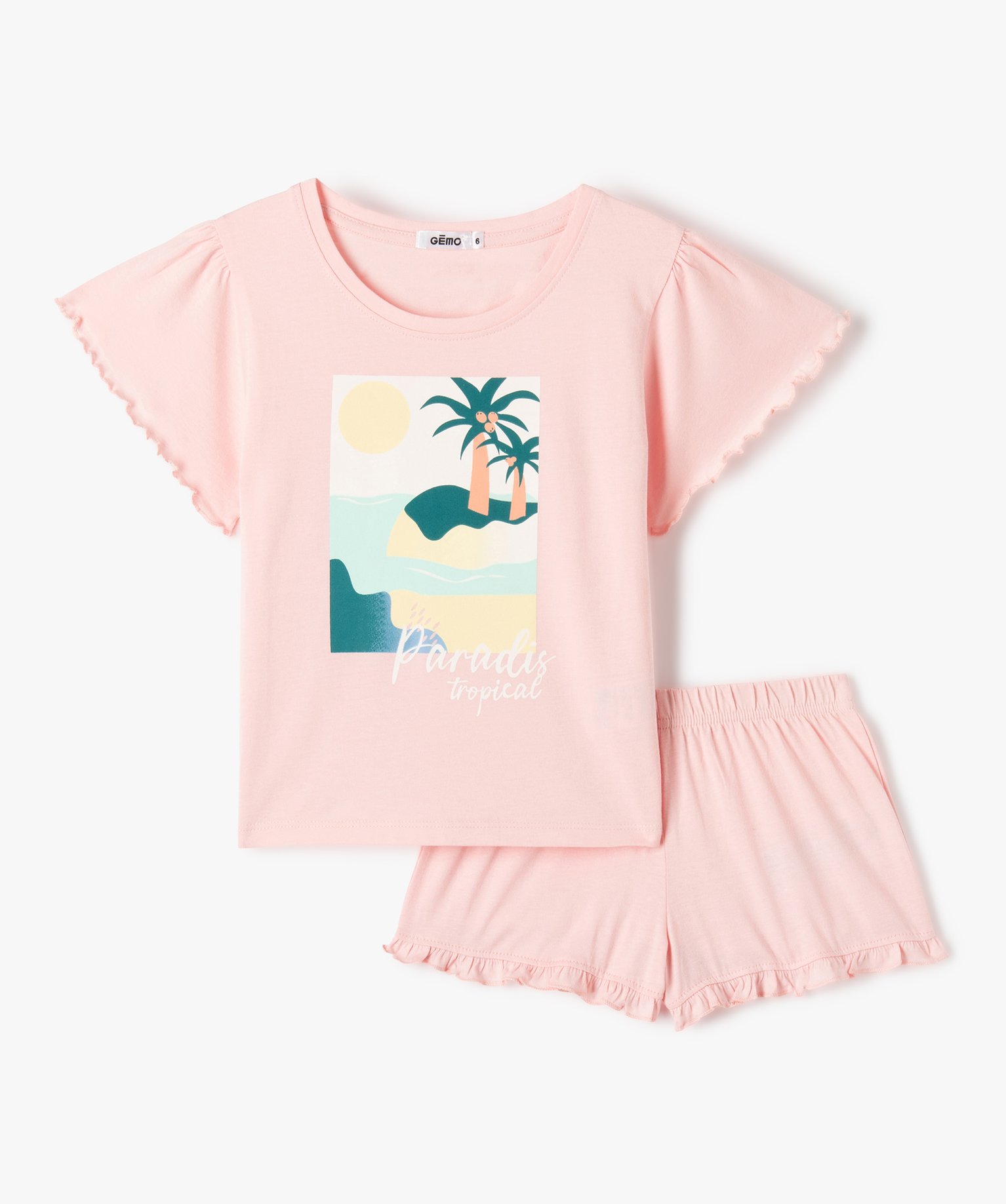 Pyjashort fille avec motif tropical et finitions froncées rose | GEMO