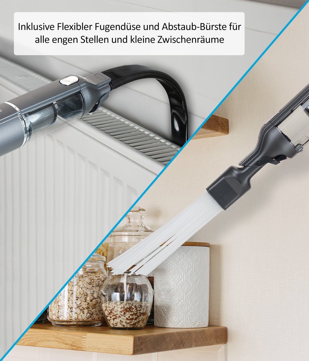 Genius Akku-Handstaubsauger INVICTUS ONE 3.0e Deluxe-Set 22-tlg. Bodenstaubsauger Kabellos, 120,00 W, beutellos HEPA Filter für Auto Zuhause, 15000 Pa LED Licht Ladestation Soft Textilbürste für Teppich Tierhaar