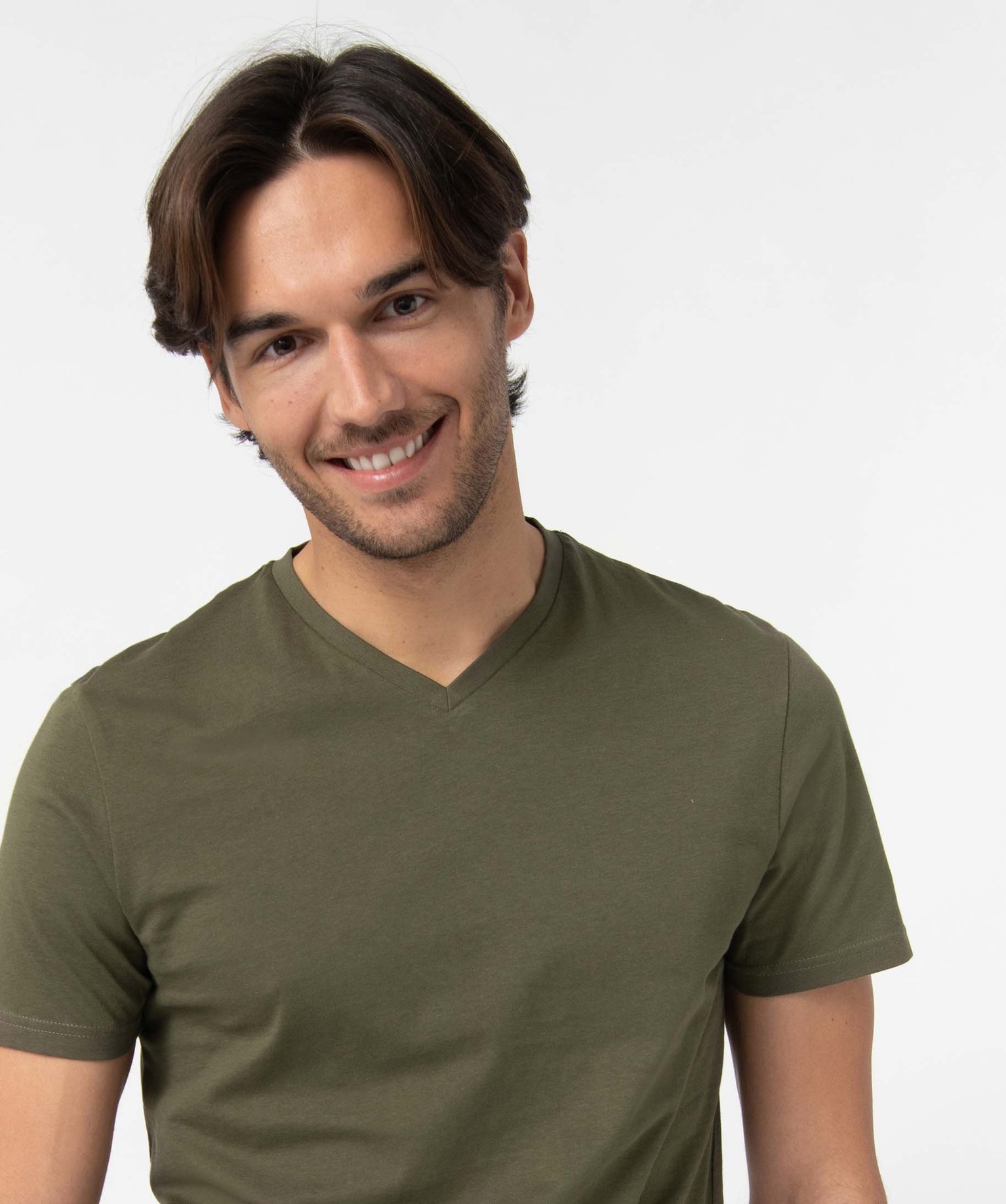 Tee-shirt homme à manches courtes et col V kaki | GEMO
