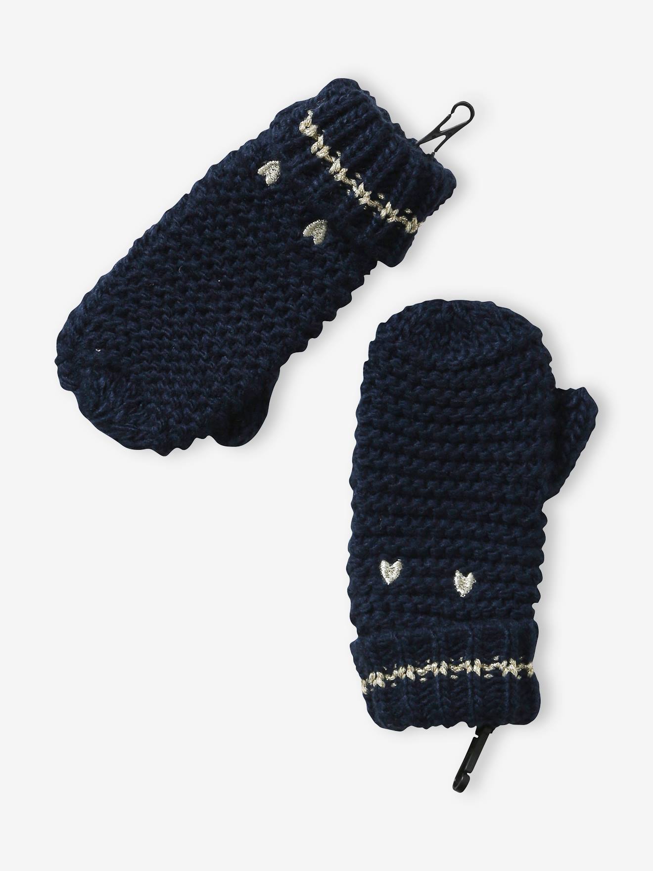 Vertbaudet Mädchen Strick-Set: Mütze, Rundschal & Handschuhe, Herzen - nachtblau bedruckt