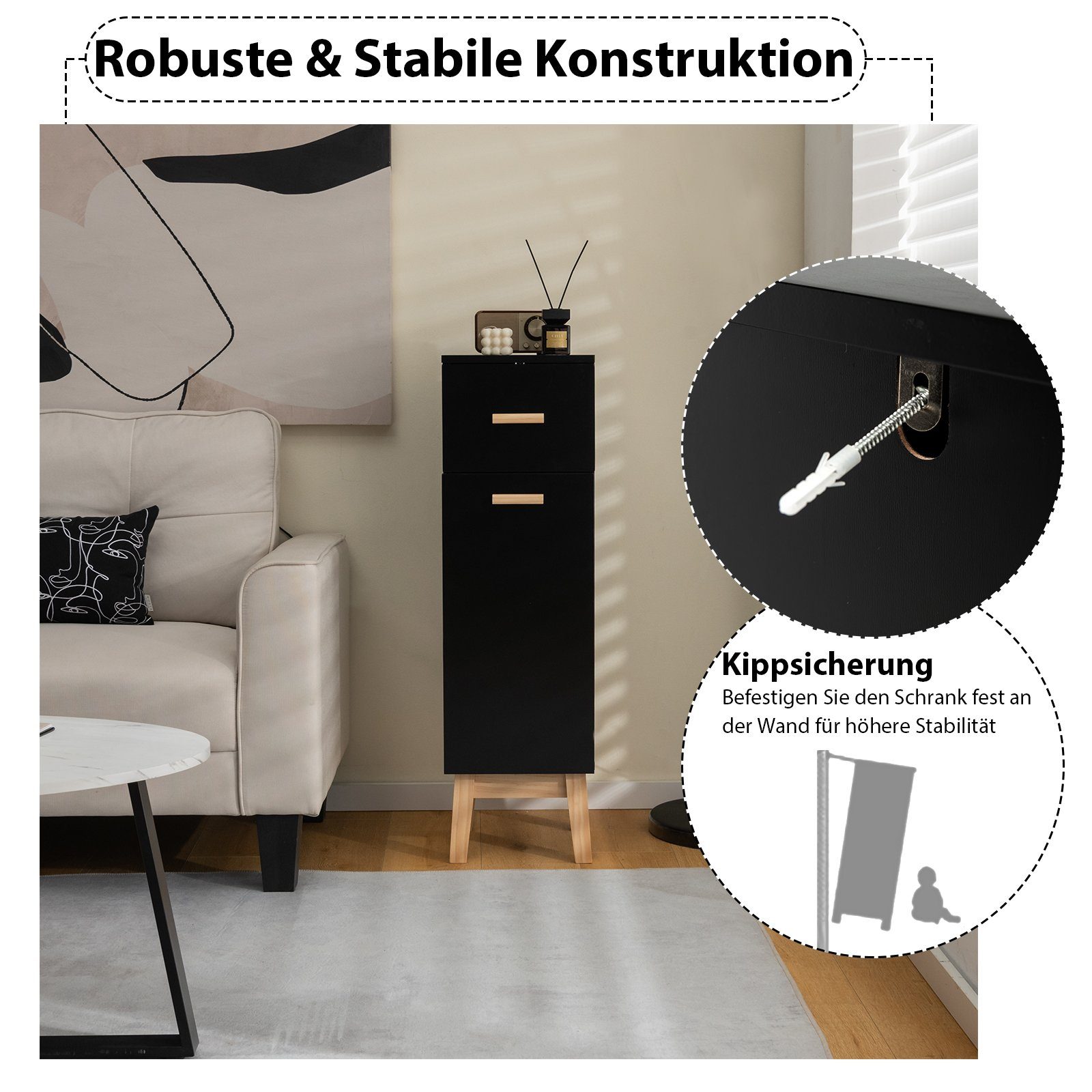COSTWAY Badkommode, mit Schublade, Tür&Fächern, freistehend, 30x30x102cm