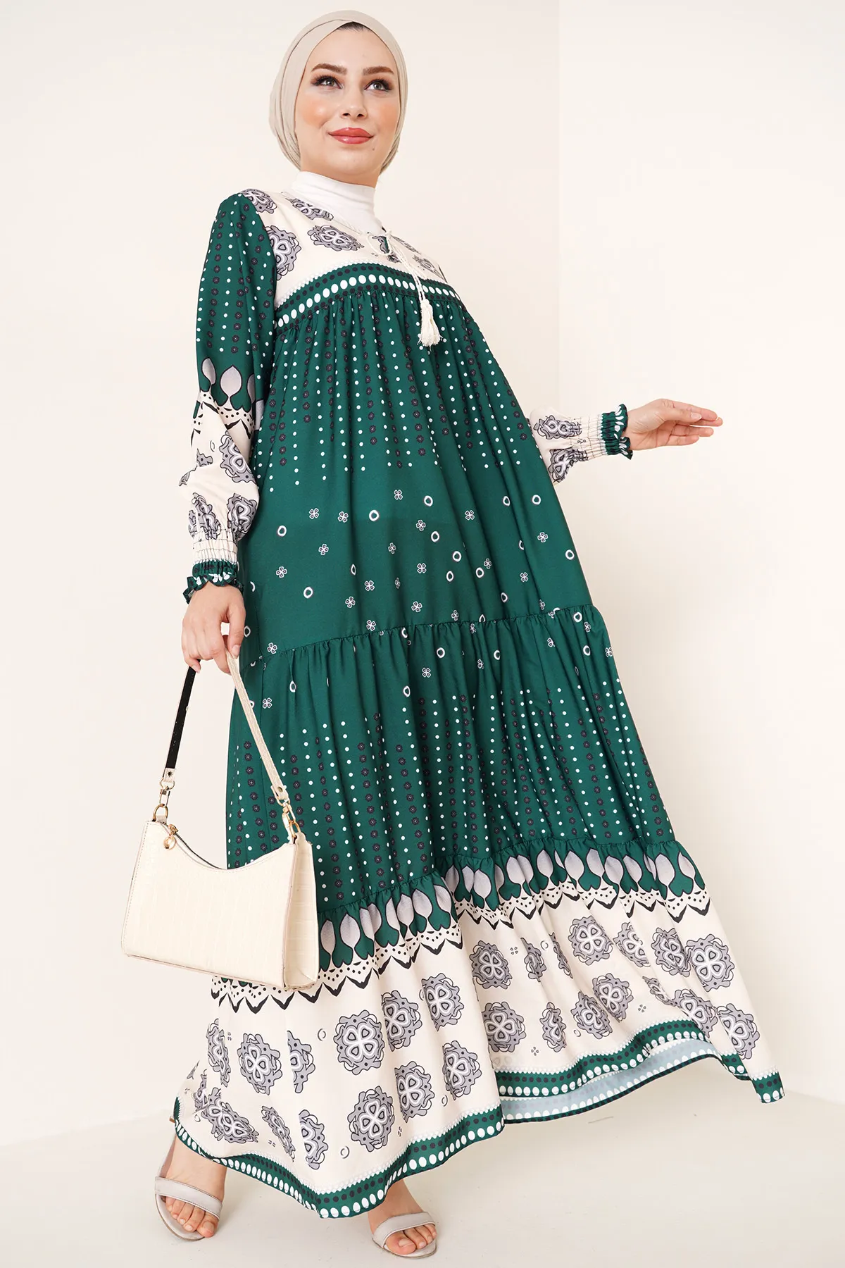 Bigdart  2175 Gemustertes Hijab-Kleid in voller Länge – Smaragdgrün