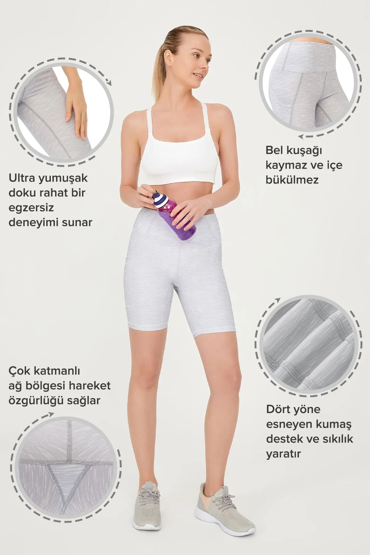 LOS OJOS  Kompakte Biker-Shorts mit doppelter Tasche und kurzen Sport-Tights in meliertem Grau für Damen mit hoher Taille