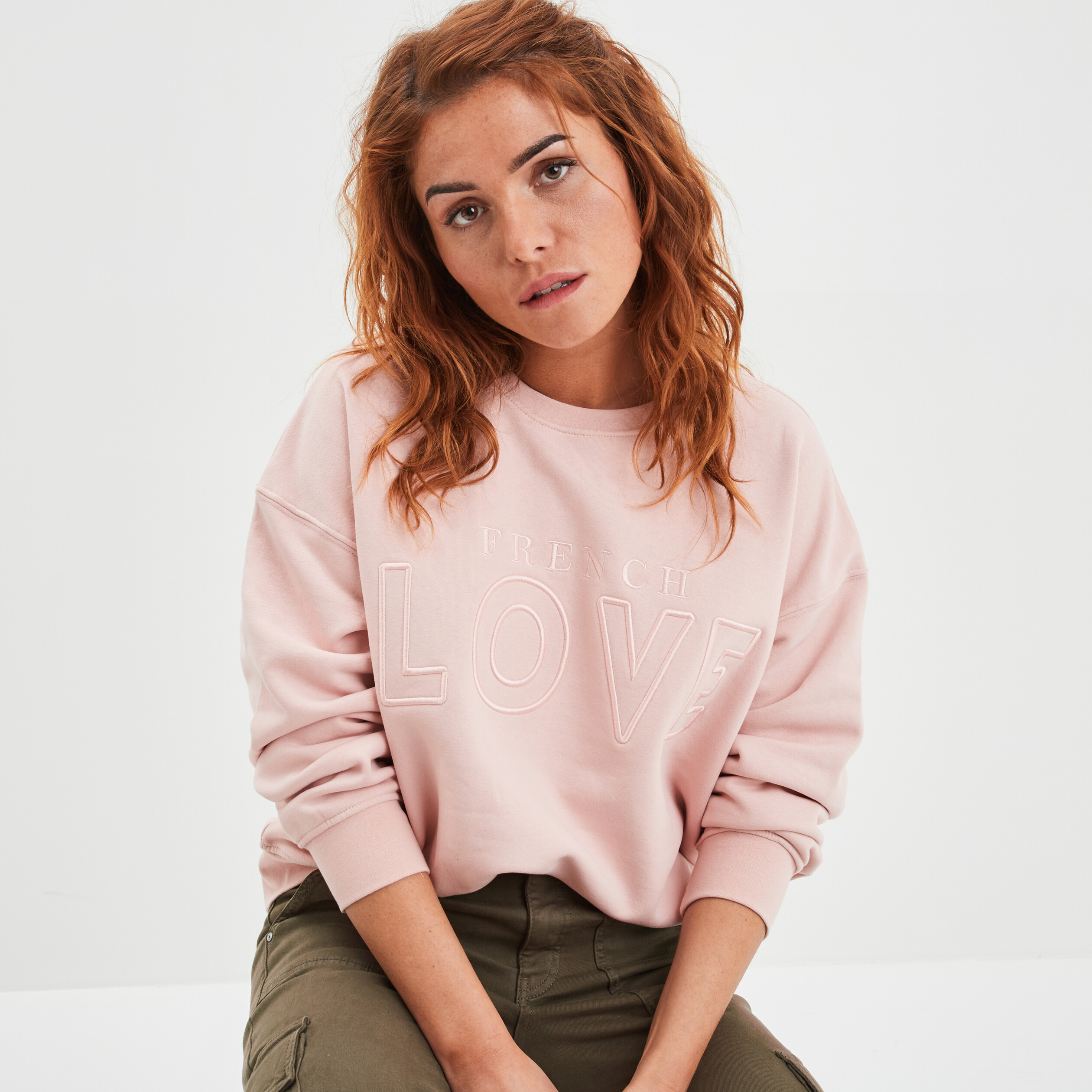 Sweat droit col rond manches longues rose clair femme | La Halle