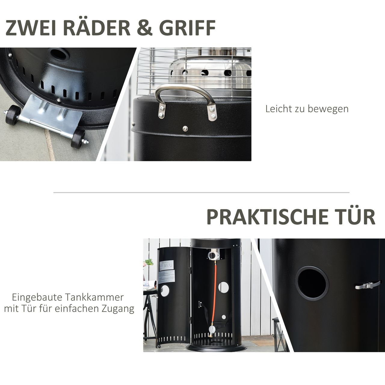 Outsunny Heizstrahler Terrassenheizer mit Handgriff Rädern rollbar Gas 10kW Metall Schwarz Ø55,6 x 143 cm