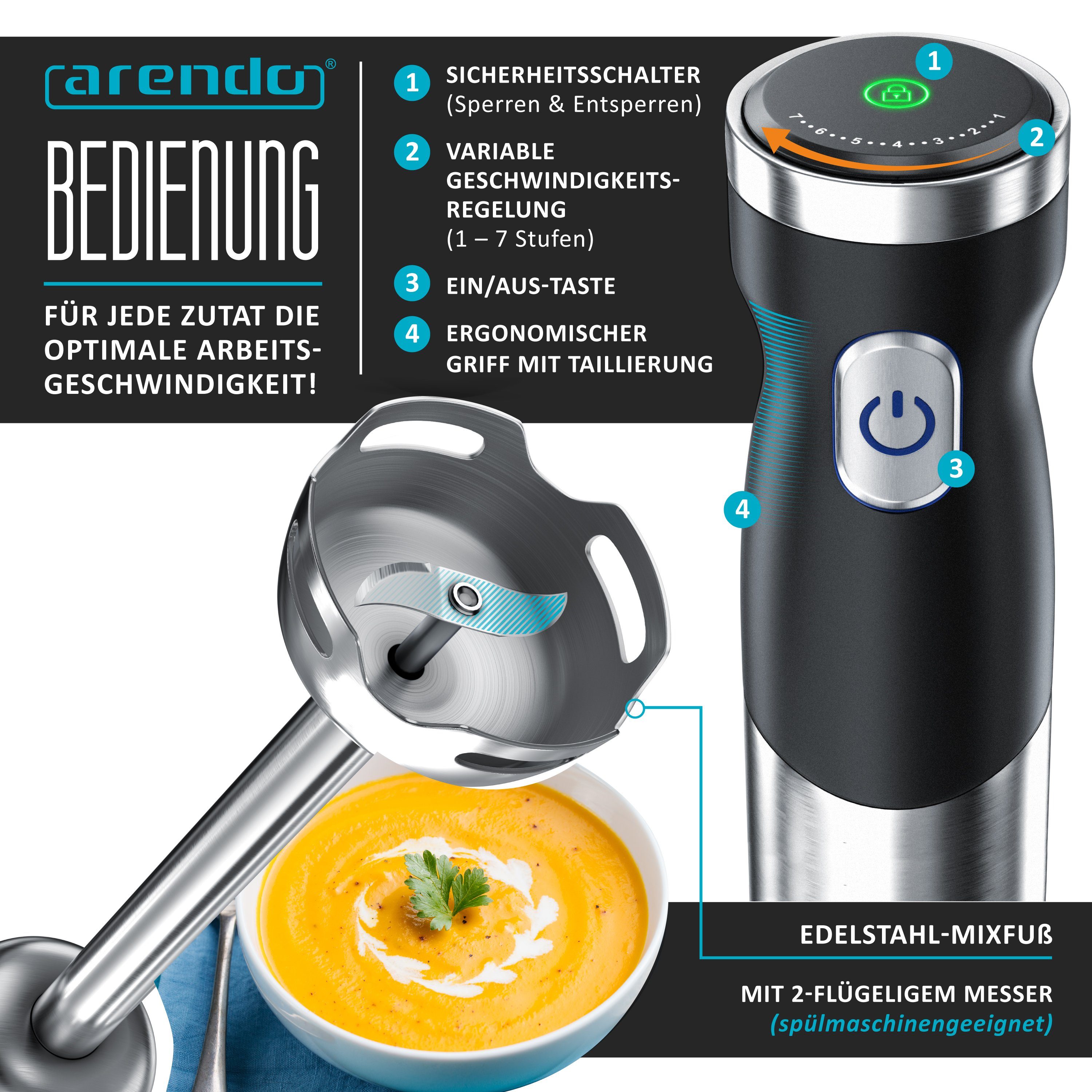 Arendo Stabmixer, 200 W, kabellos, Edelstahl, Pürierstab mit Akku, inkl. 600 ml Messbecher