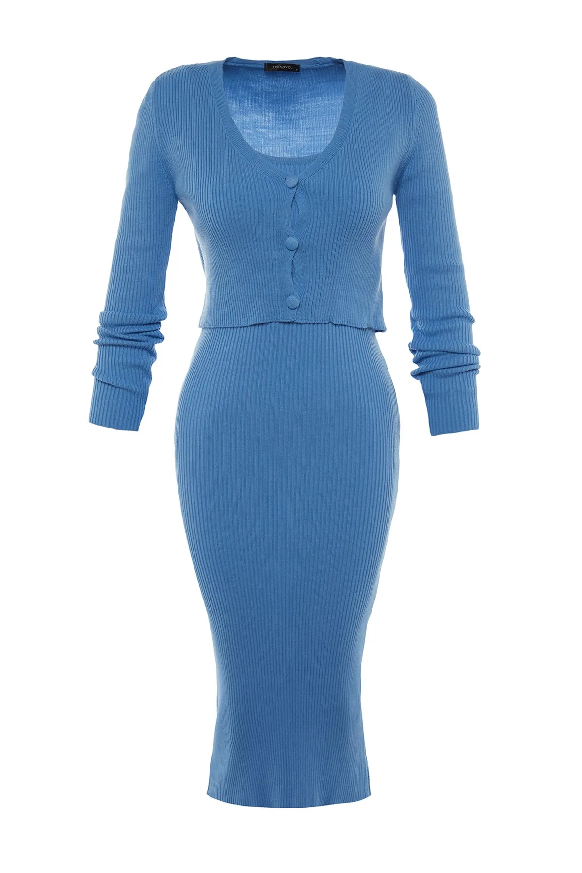 Trendyol Collection  Blau Blau taillierter Midi-Strick-Cardigan-Anzug TWOSS21EL0208 Kleid TWOSS21EL0208