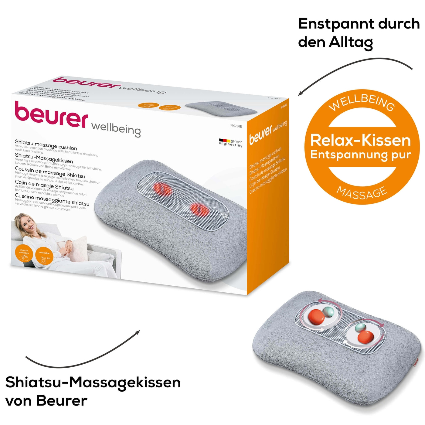 Beurer Shiatsu-Massagekissen MG 145-Fixierbares Flauschfaser-Massagekissen mit Shiatsu-Massage & Wärmefunktion