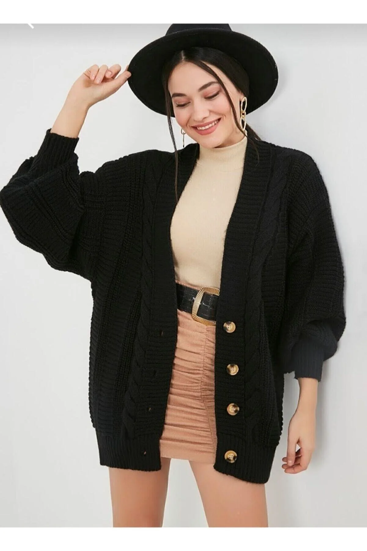 Nazende Stil  Gestrickter lockerer Damen-Cardigan – Schwarz