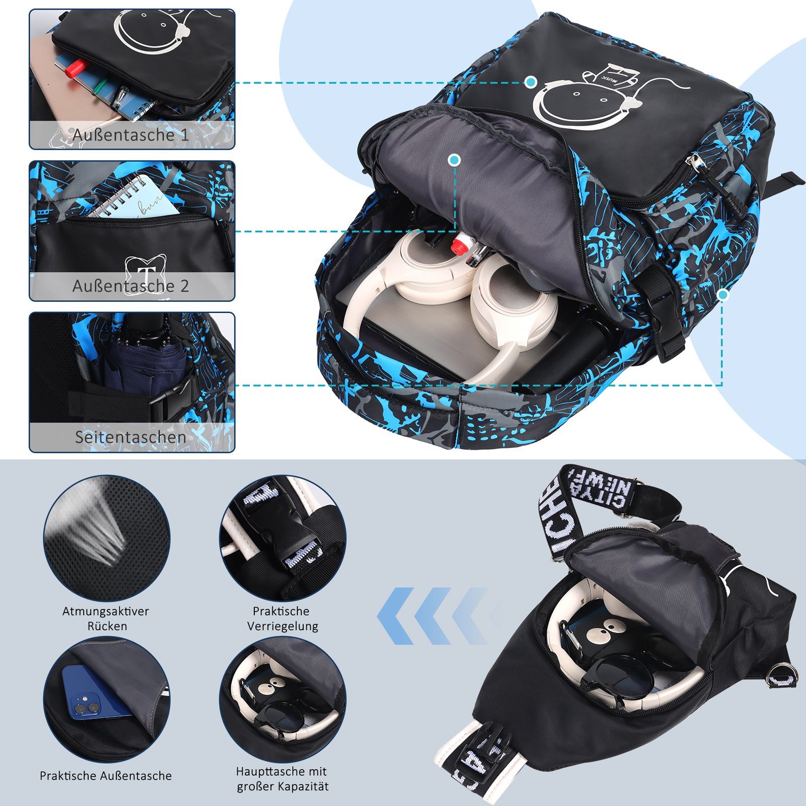 TAN.TOMI Schulrucksack Rucksack Jungen Schulrucksack Mädchen Teenager Jugendliche Daypacks, Kinder Reflektierender Schultasche Outdoor Camping Groß Schulranzen