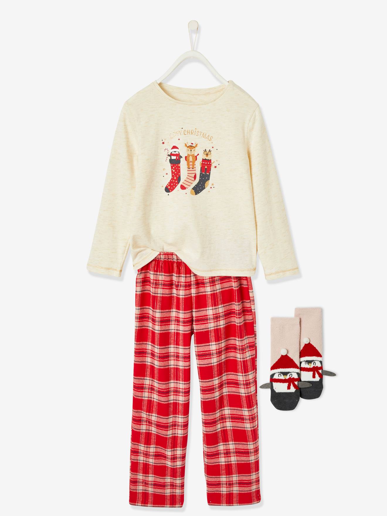 Coffret Noël pyjama + chaussettes fille Cosy Christmas ivoire chiné