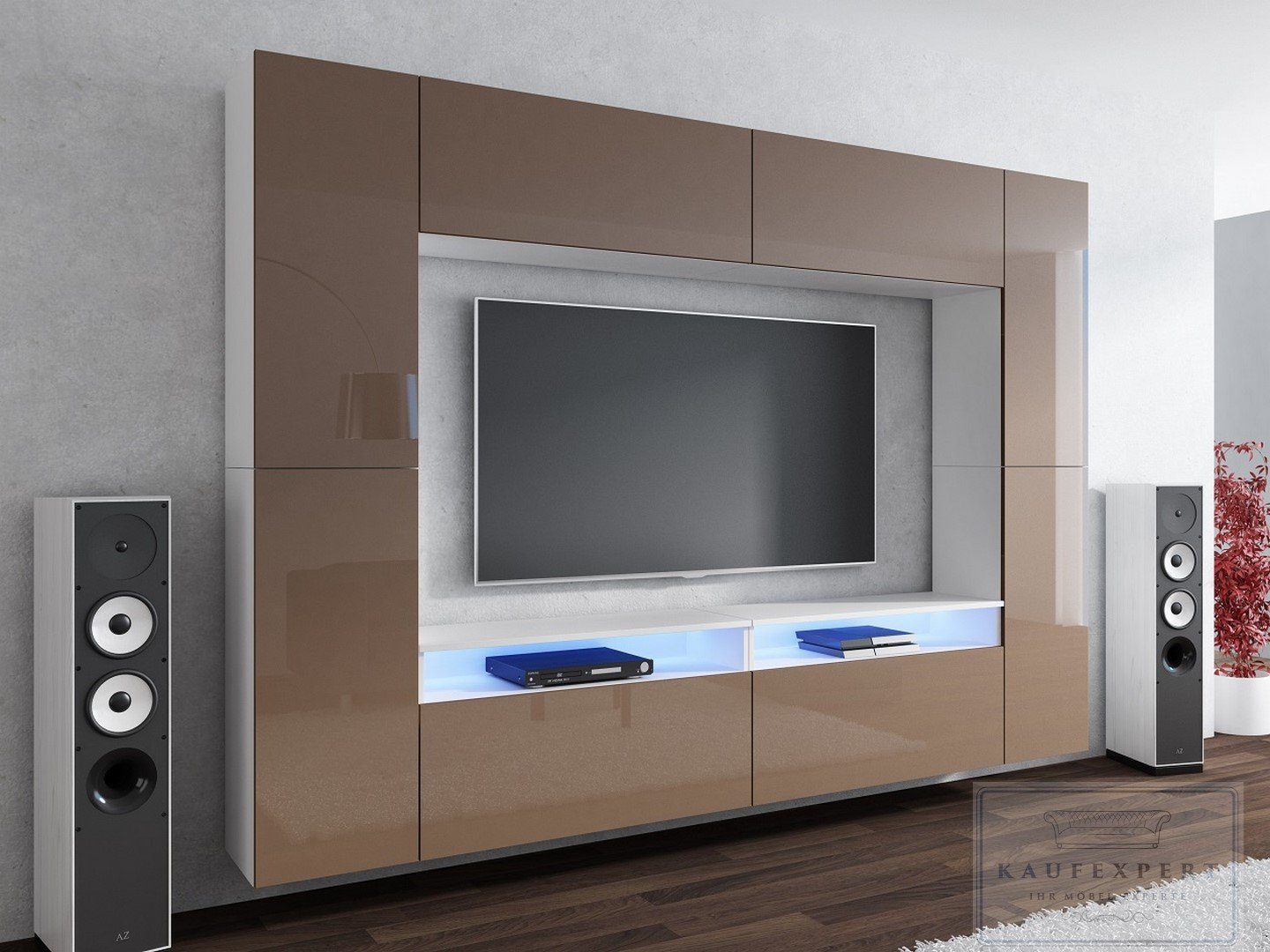 kaufexpert Wohnwand Wohnwand Cinema Cappuccino Hochglanz/Weiß Mediawand LED