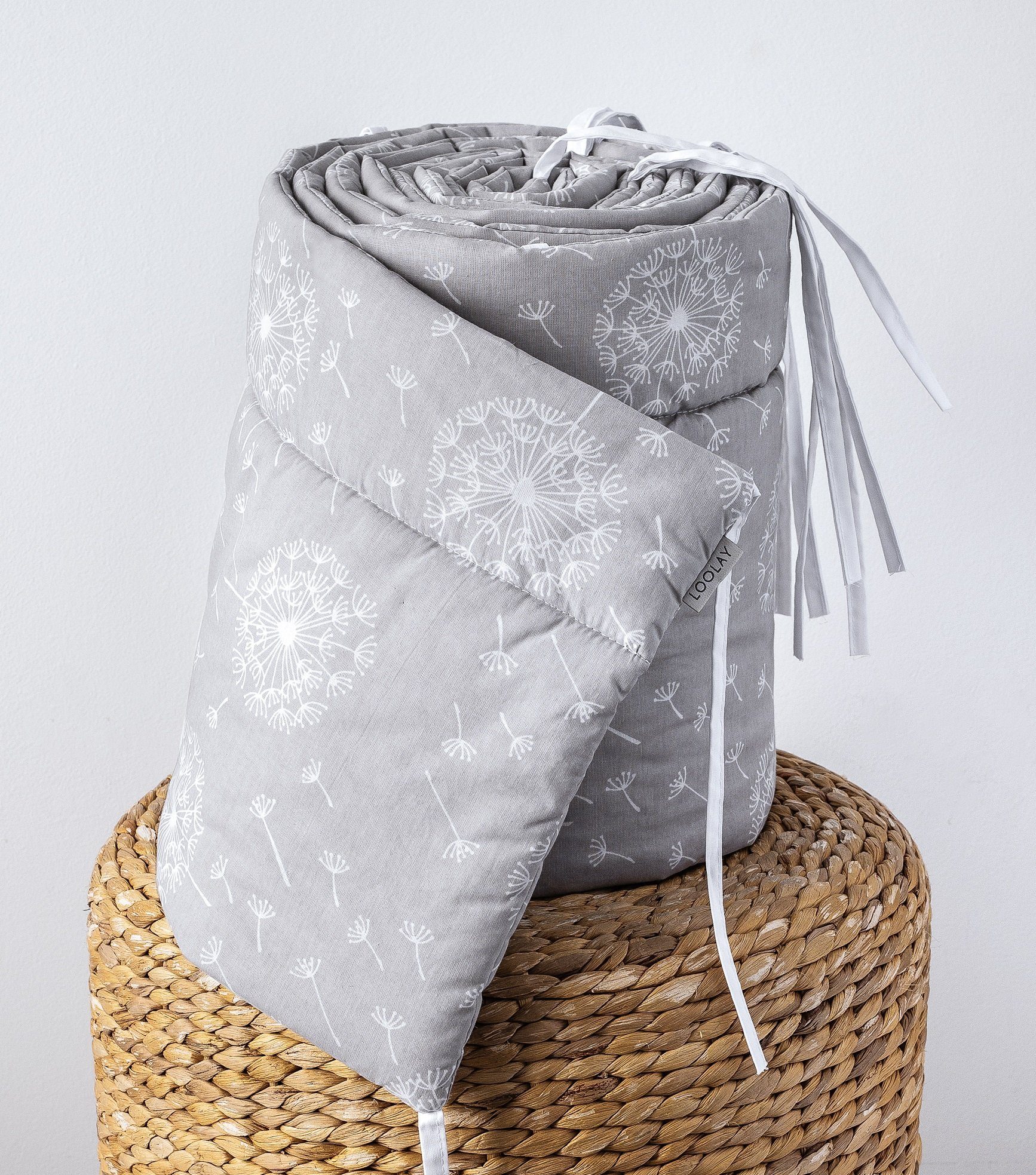 Loolay Bettnestchen GRAU WEIß Baumwolle BETTUMRANDUNG Babybett 420, 360, 210, 180 x 30cm, (Babynest Umrandung Kopfschutz Kantenschutz Baby, 100% Baumwolle Babybett Bettschutzgitter Umrandung), LOOLAY® - 100% Europäische Stoffe und Kleinserien-Nähen!