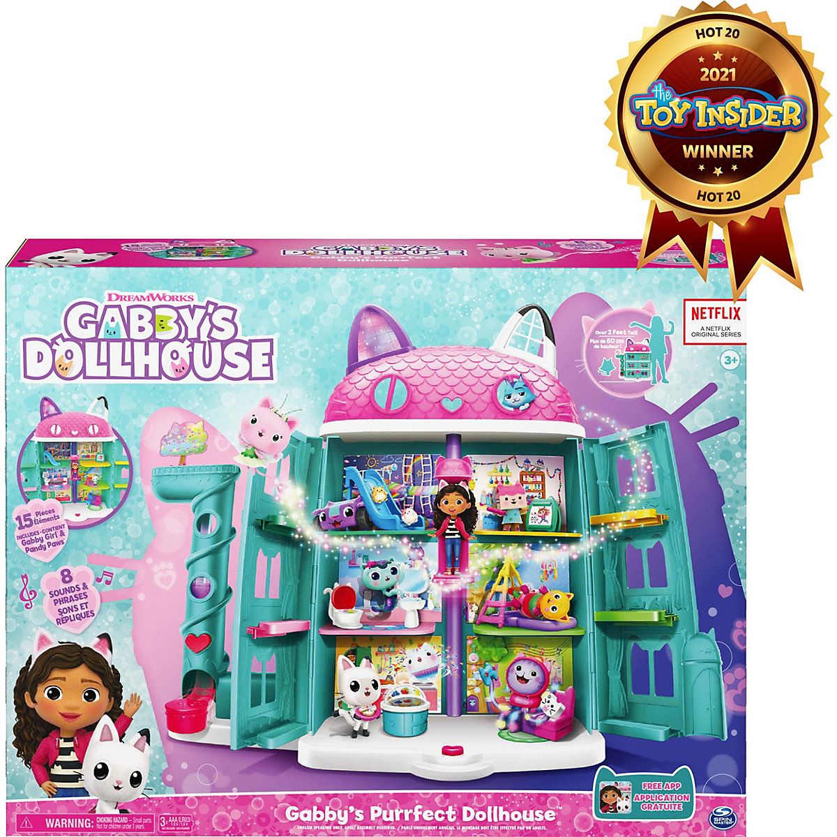 Gabby‘s Dollhouse, Puppenhaus mit 2 Spielzeugfiguren, 8 Möbelstücken, 3 Zubehörteilen, 2 Überraschungsboxen und Geräuschen, geeignet für Kinder ab 3 Jahren