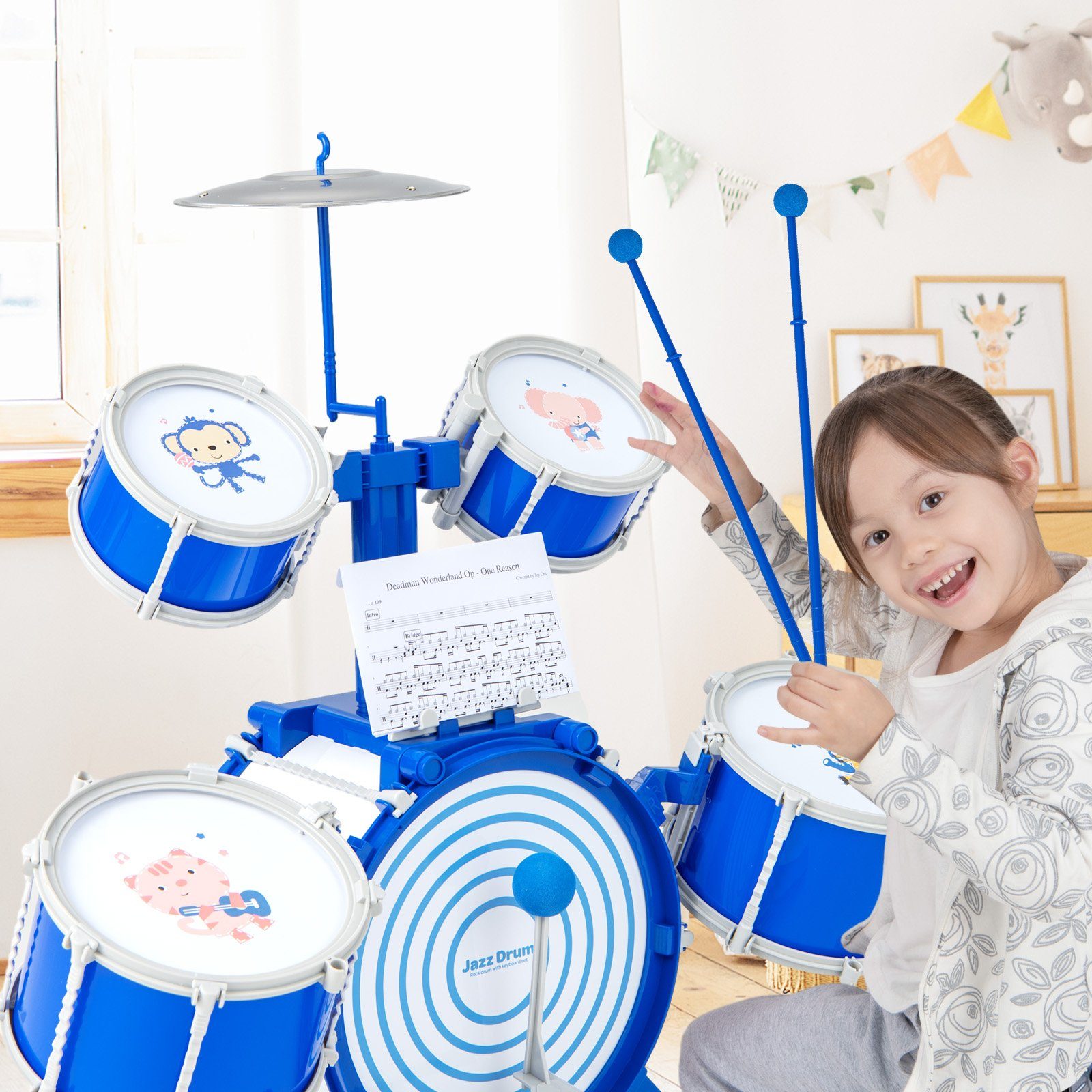 COSTWAY Kinderschlagzeug Drumset, mit Hocker, für Anfänger