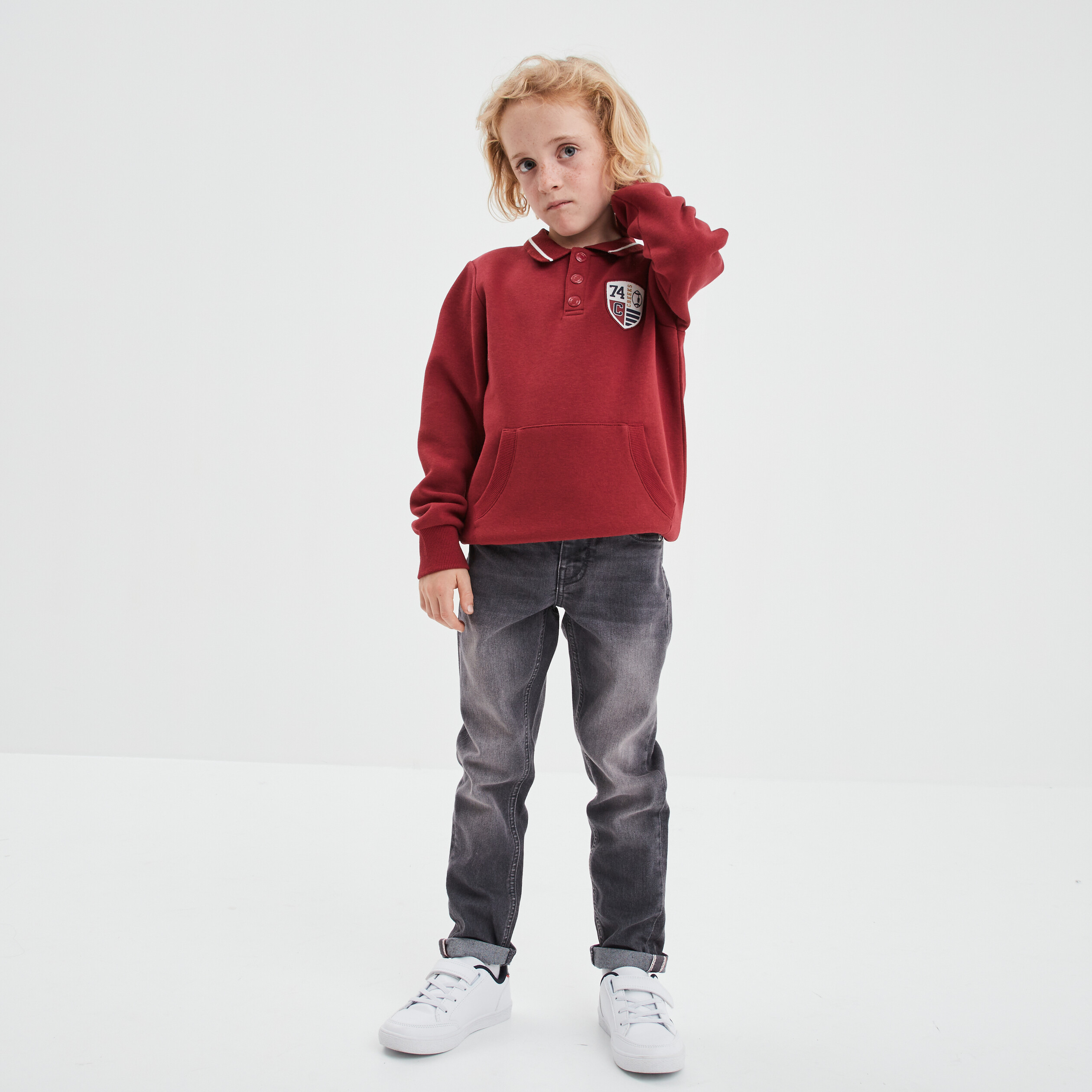 Sweat col polo avec 1 poche Creeks rouge foncé garçon | La Halle