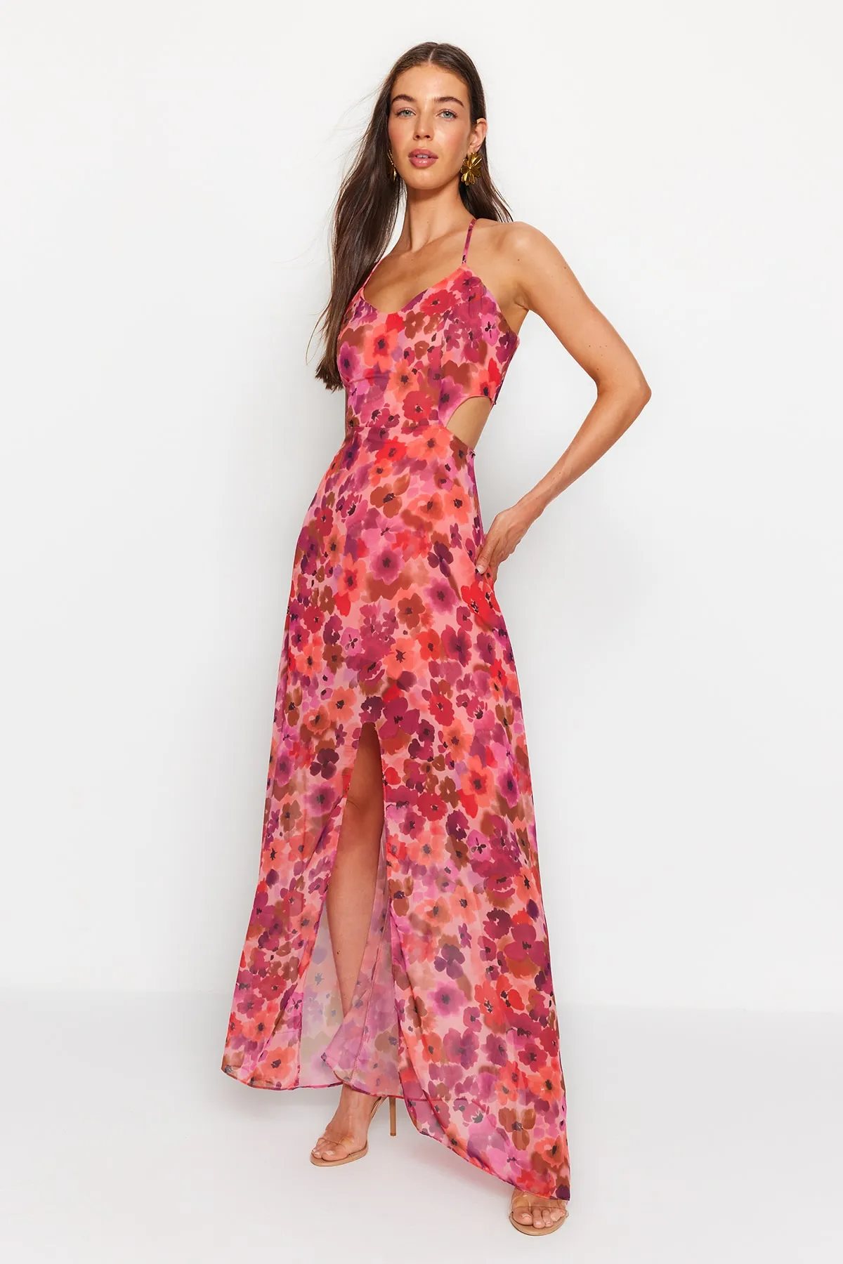 Trendyol Collection  Fuchsiafarbenes A-Linien-Maxi-Webkleid mit gefüttertem Fenster/Ausschnitt und detailliertem Blumendruck TWOSS20EL1270