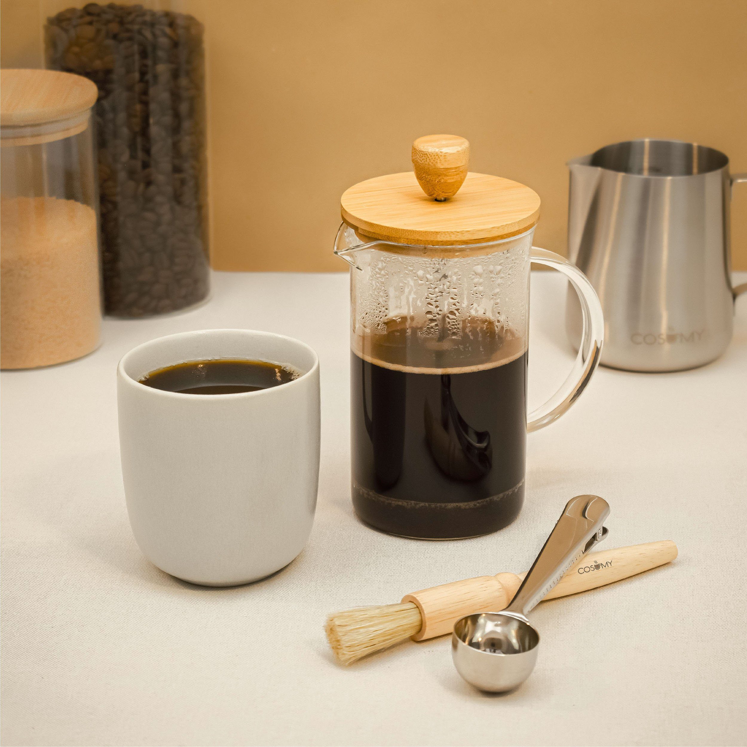 Cosumy French Press Kanne French Press aus Glas 0,6 Liter, 0,6l Kaffeekanne, Kaffeebereiter für 2 Tassen Kaffee - Mit Dosierlöffel und Reinigungspinsel
