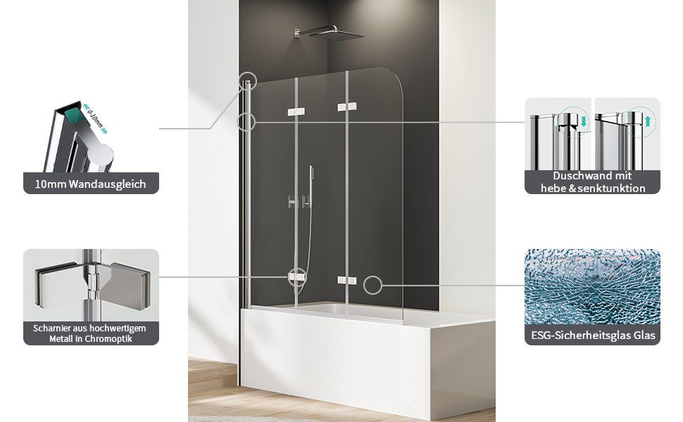Boromal Badewannenfaltwand Badewannenaufsatz Badewanne Badewannenfaltwand 3-teilig mit NANO 140H, Einscheibensicherheitsglas ;mit Nano Beschichtung, Sicherheitsglas nach EN 12150, Beidseitige Nano Beschichtung