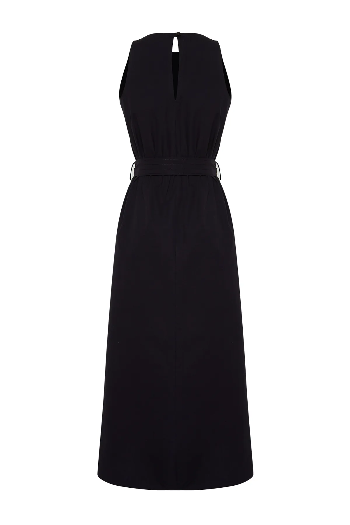 Trendyol Collection  Marineblaues, gewebtes Midikleid aus 100 % Baumwollpopeline mit Gürtel und Tasche TWOSS24EL00338