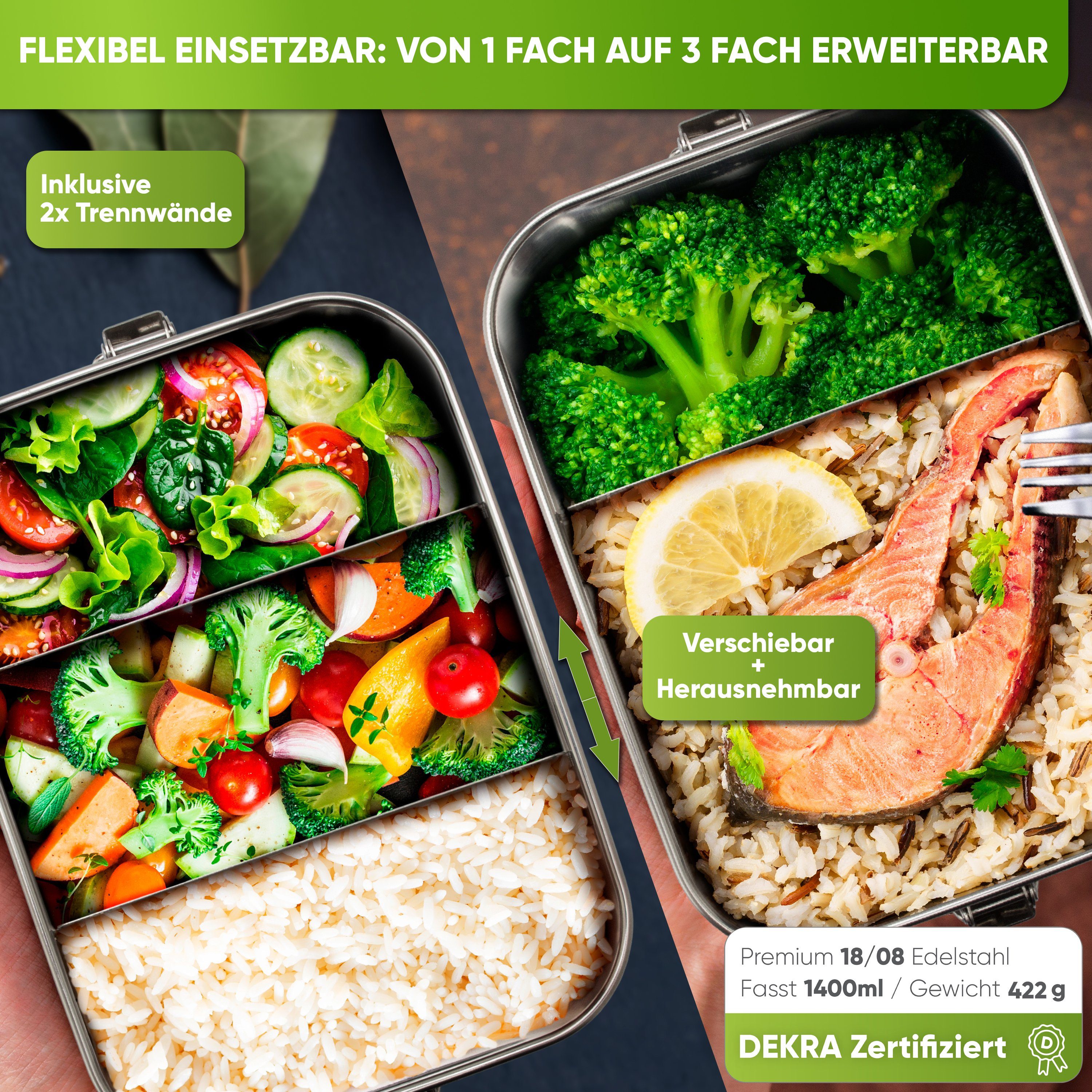 Blockhütte Lunchbox hochwertige Edelstahl Brotdose mit 3 flexiblen Fächern, auslaufsicher, backofenfest, stapelbar, Leben lang wiederverwendbar