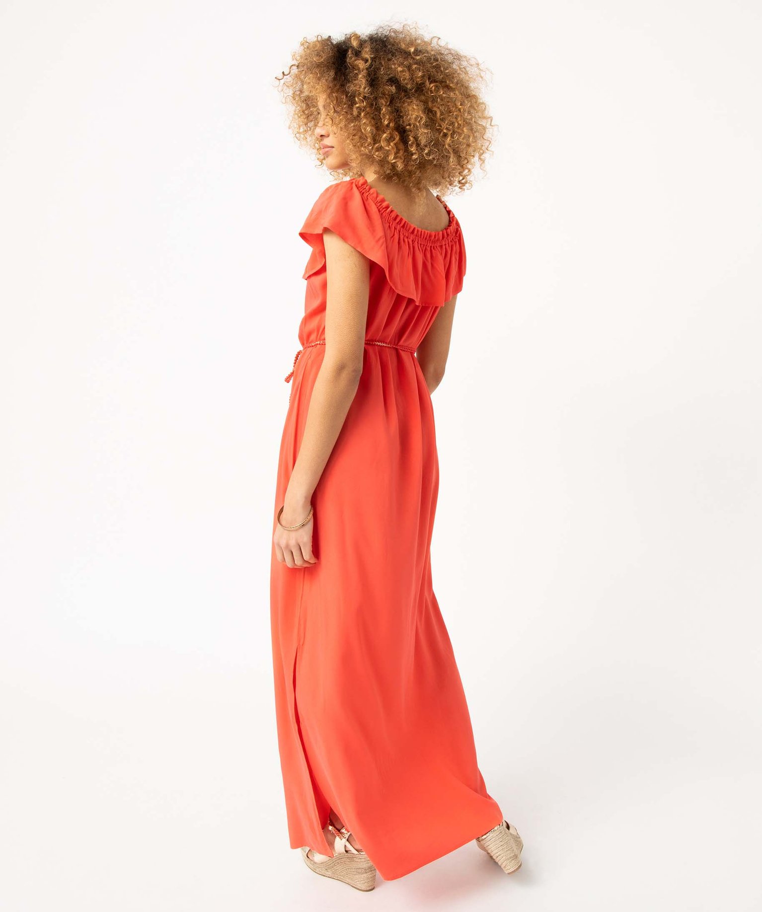 Robe femme longueur chevilles avec large volant sur le col imprime | GEMO