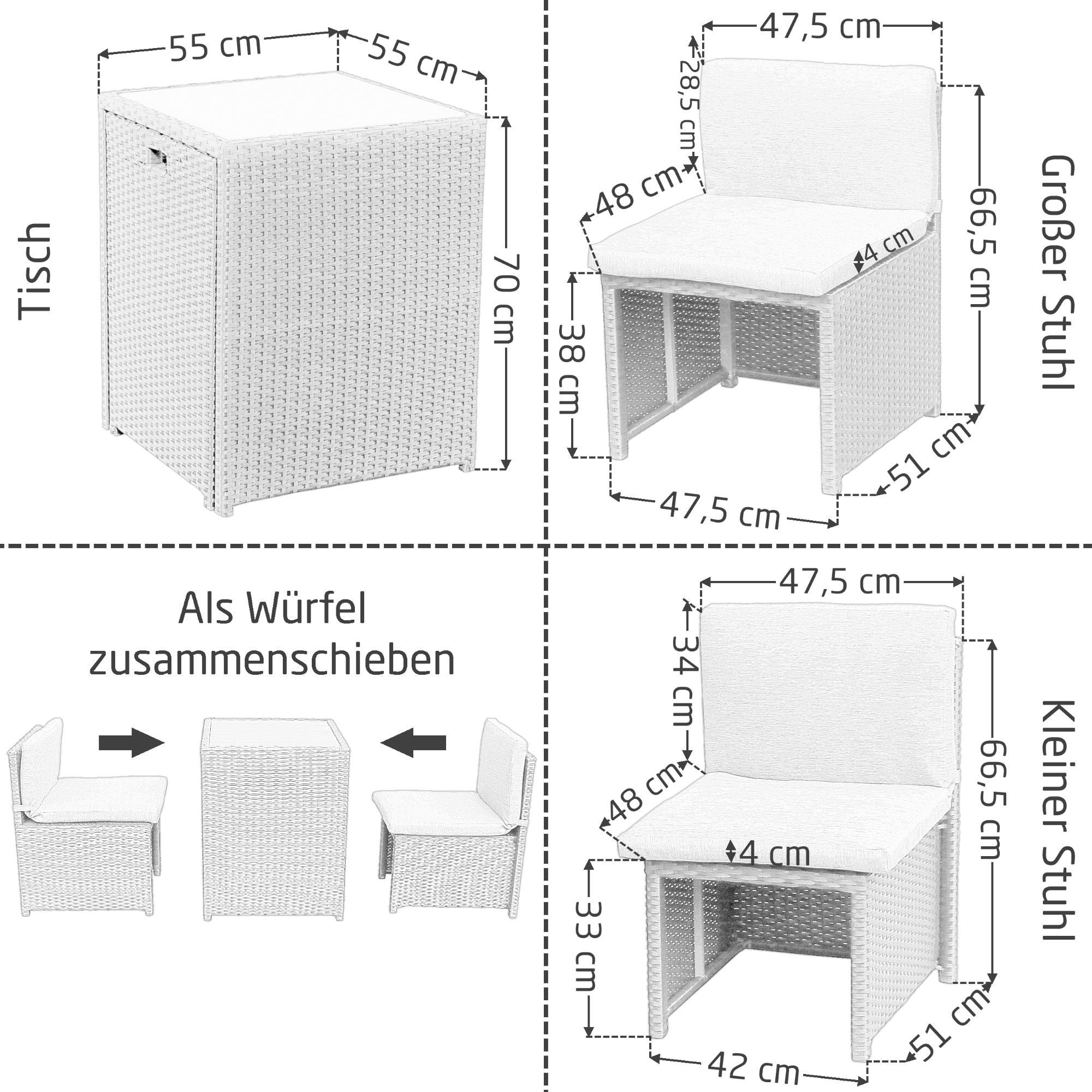 Raburg Balkonset HANNAH in SCHIEFER-SCHWARZ - abnehmbare, gehärtete Glasplatte, (3-teiliges Premium-Set), kompakt & robust aus Stahl & Polyrattan, inkl. Polster, platzsparend