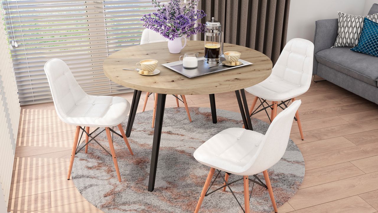 byLiving MARTA Tisch, rund, Breite 120 cm, Metall schwarz pulverbeschichtet, Eiche-Optik