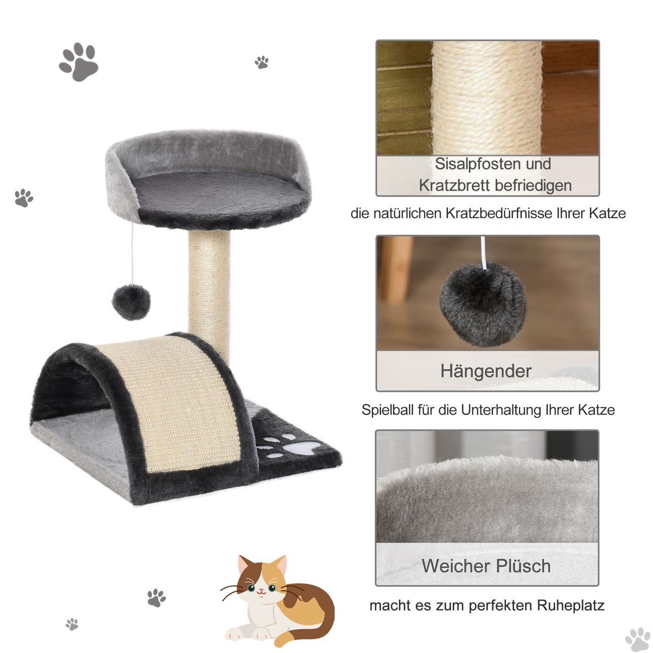 PawHut Kratzbaum Katzenbaum mit Spielbällen Sisalseil-Kratzstangen Grau