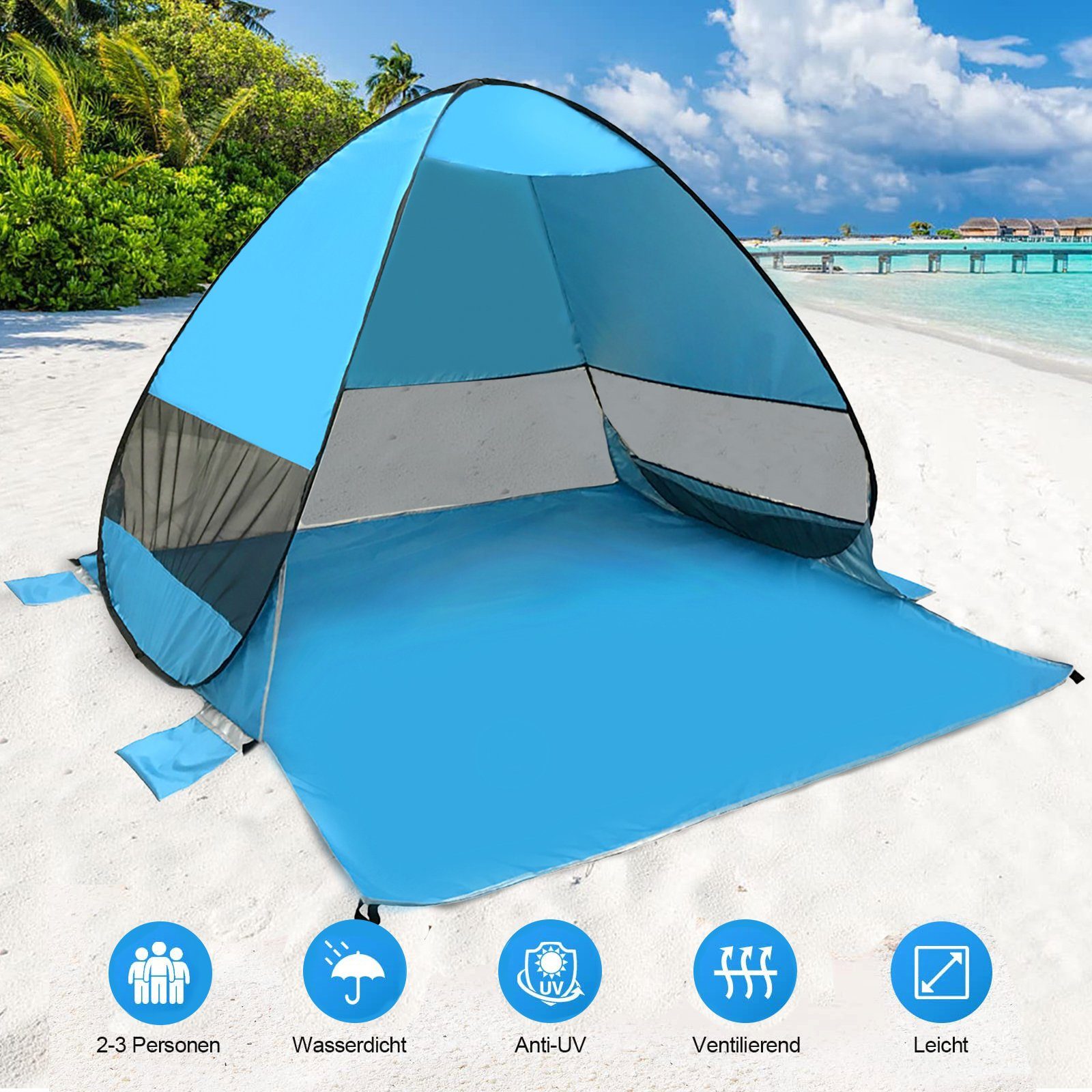 CALIYO Strandmuschel Strandmuschel Pop Up Strandzelt Automatisches Sonnenschutz Strand, mit UV-Schutz, für (2-3) Personen Familie Strand Camping, Garten