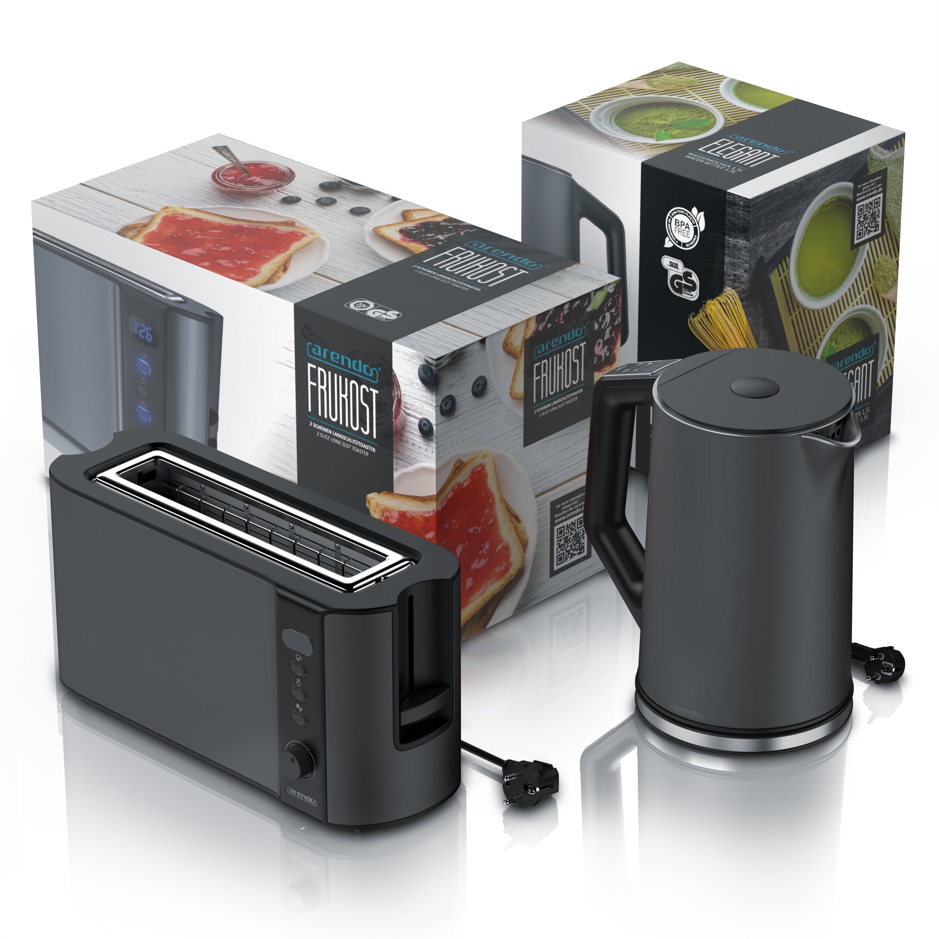 Arendo Frühstücks-Set (2-tlg), Wasserkocher 1,5l & 2-Scheiben Langschlitz Toaster, Edelstahl, Grau