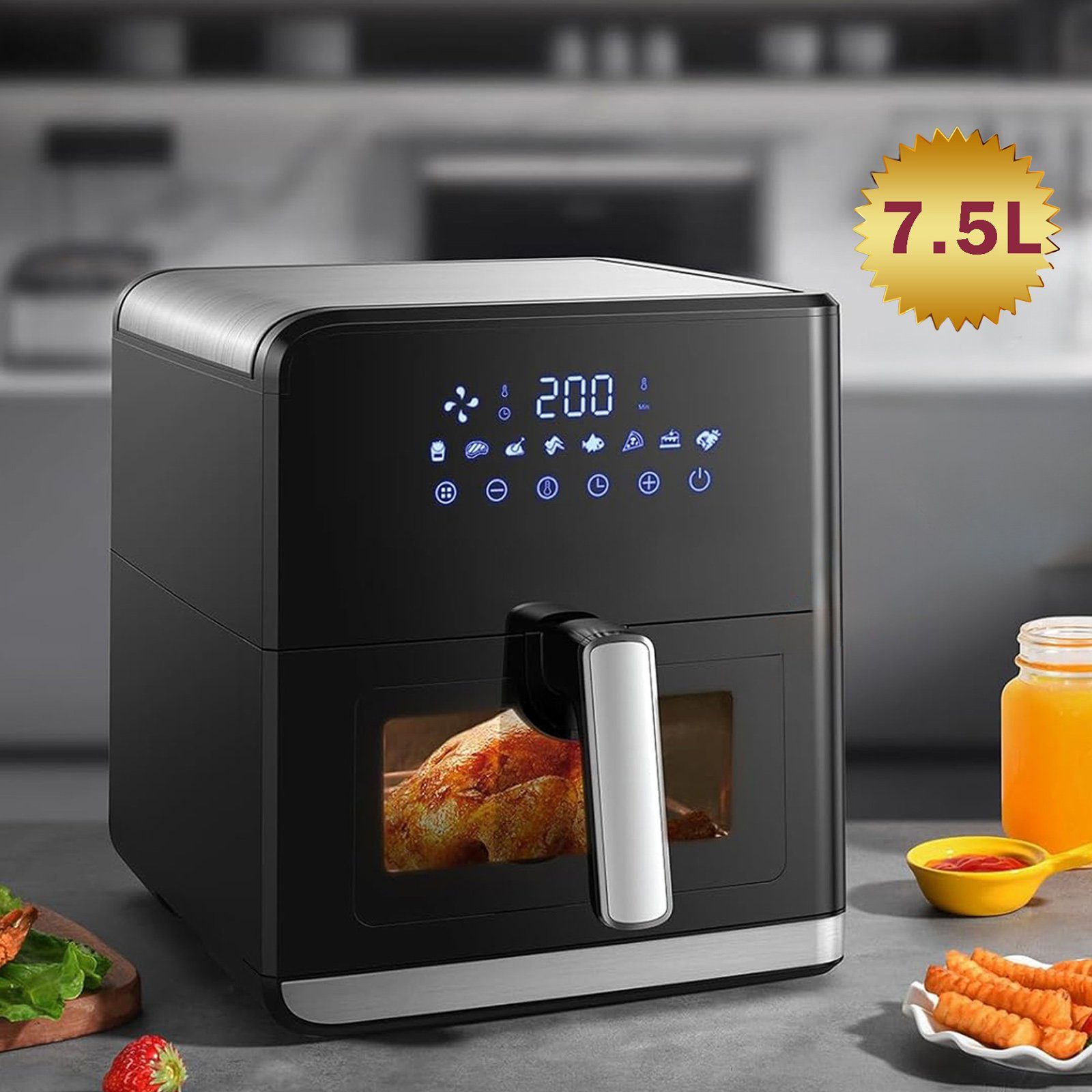 Sinaopus Heißluftfritteuse 7,5L XXL Air fryer, Ohne Öl Heizluft Fritteuse LED Touchscreen, 1700,00 W, Einstellbare Temperaturregelung, Sichtbares Sichtfenster