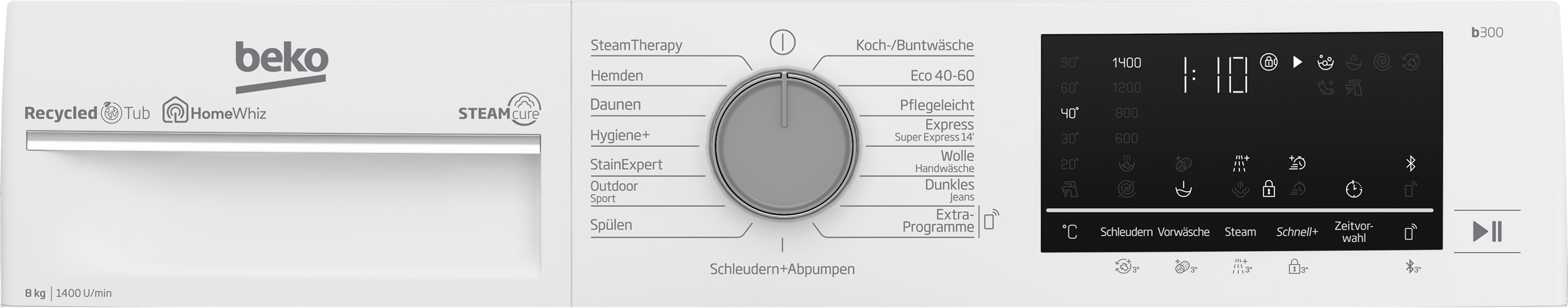 BEKO Waschmaschine b300 B3WFU58415W1, 8 kg, 1400 U/min, SteamCure - 99% allergenfrei