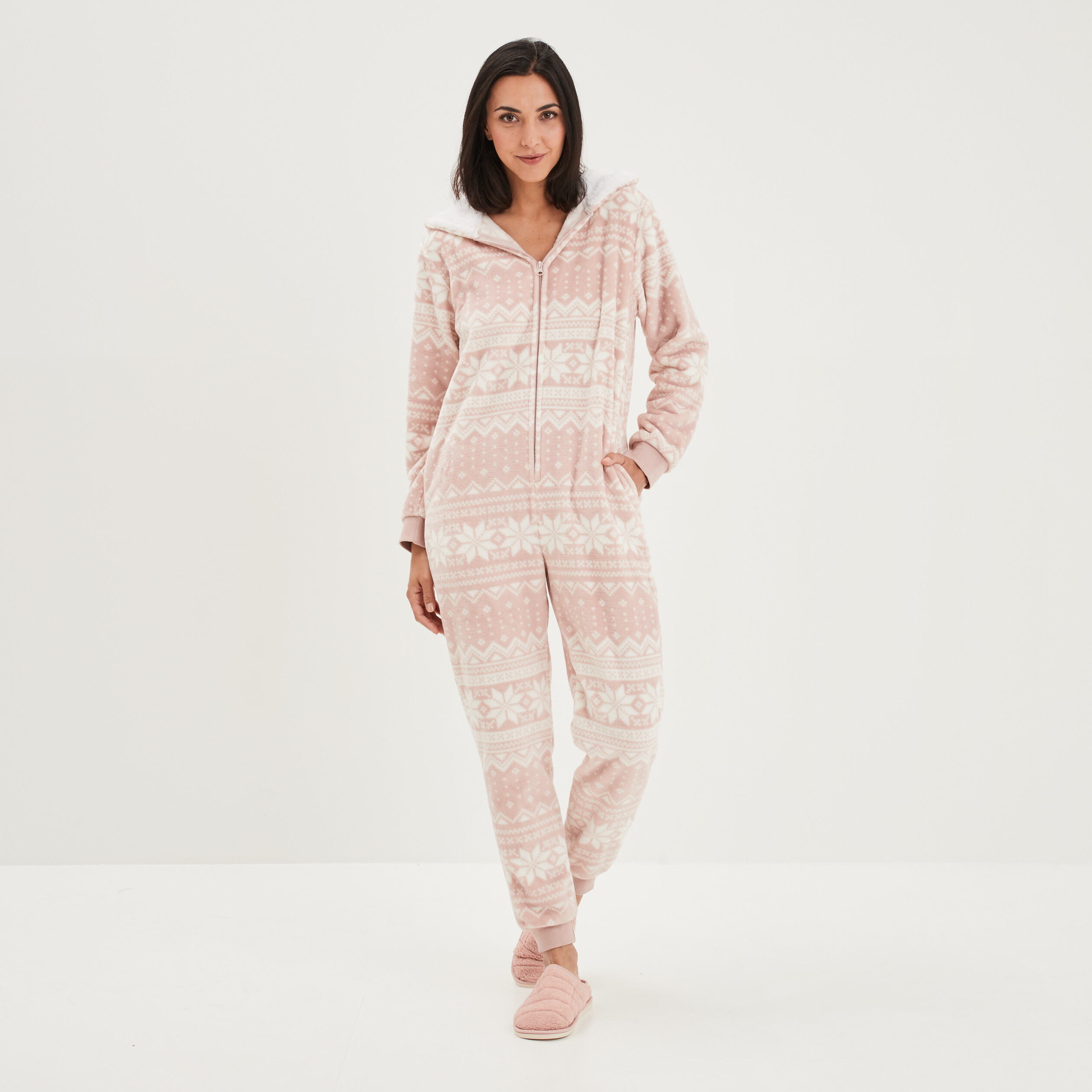 Combinaison pyjama pilou à capuche rose femme | La Halle