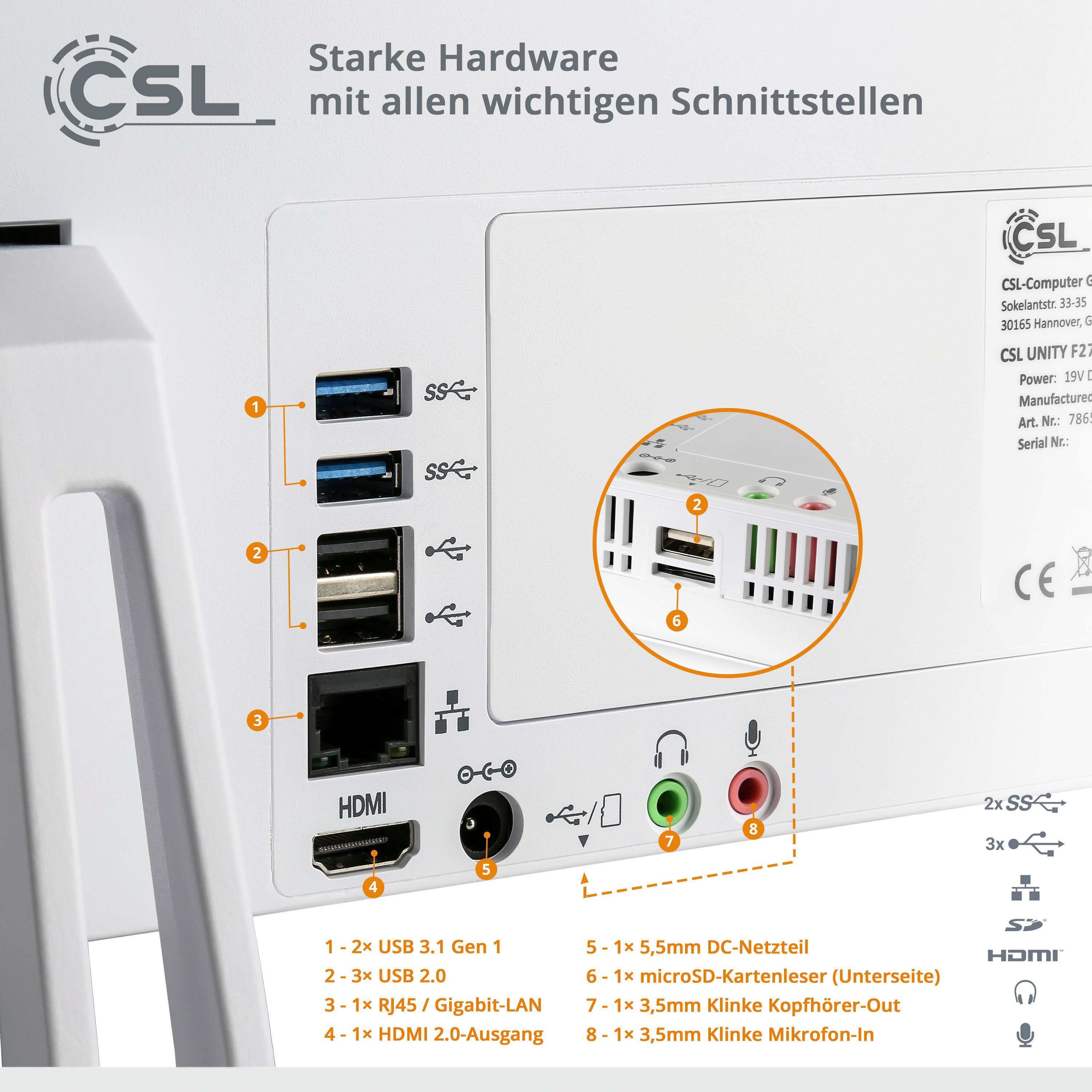 CSL Unity F27-GLS Win 11 All-in-One PC (27 Zoll, Intel® Celeron N4120, 8 GB RAM, 128 GB SSD, passiver CPU-Kühler)