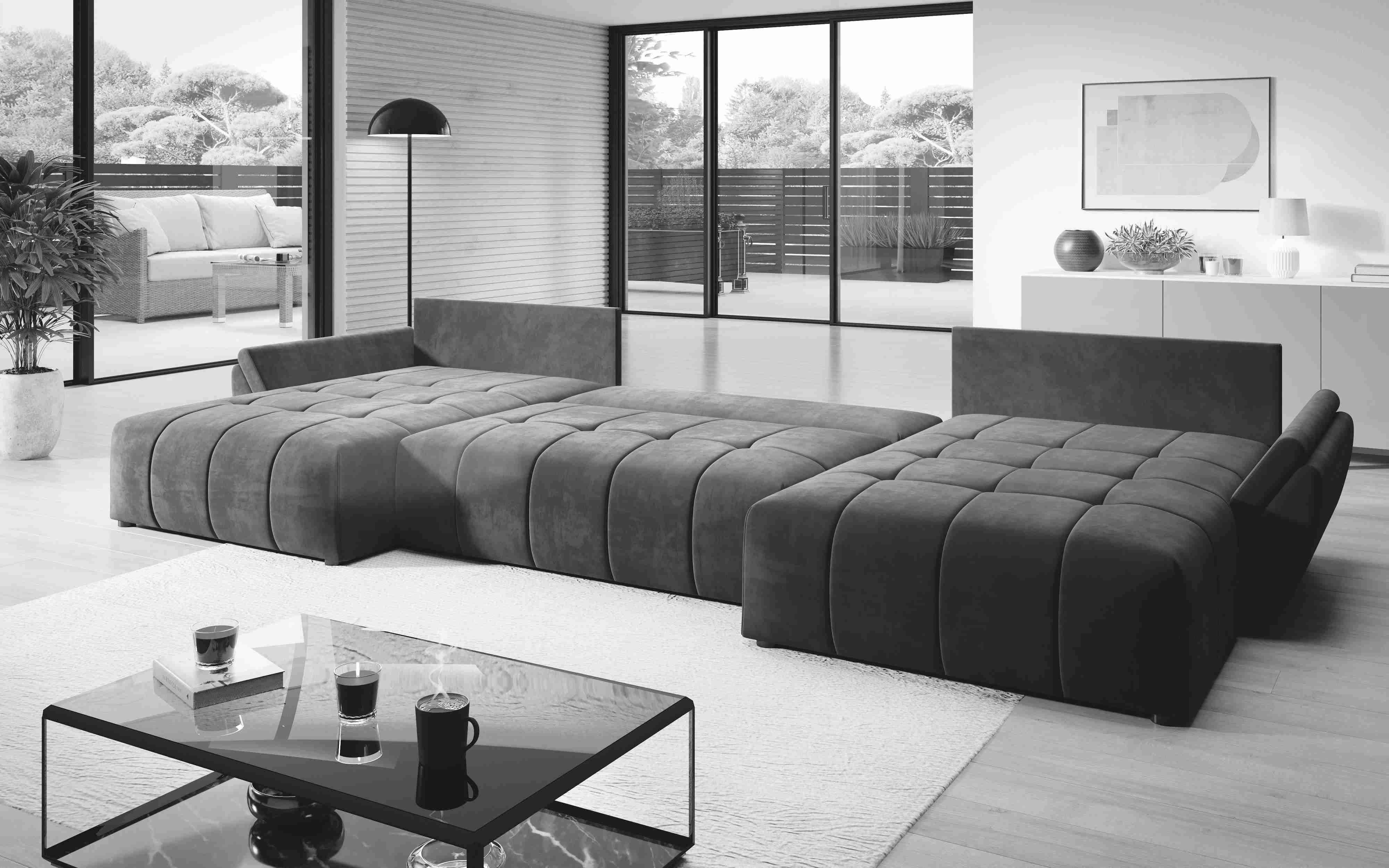 Furnix Schlafsofa CALVANI U Polstercouch in U-Form mit Bettkasten Kissen, 385 x 190 x 71/91 cm, hochwertig, made in Europe