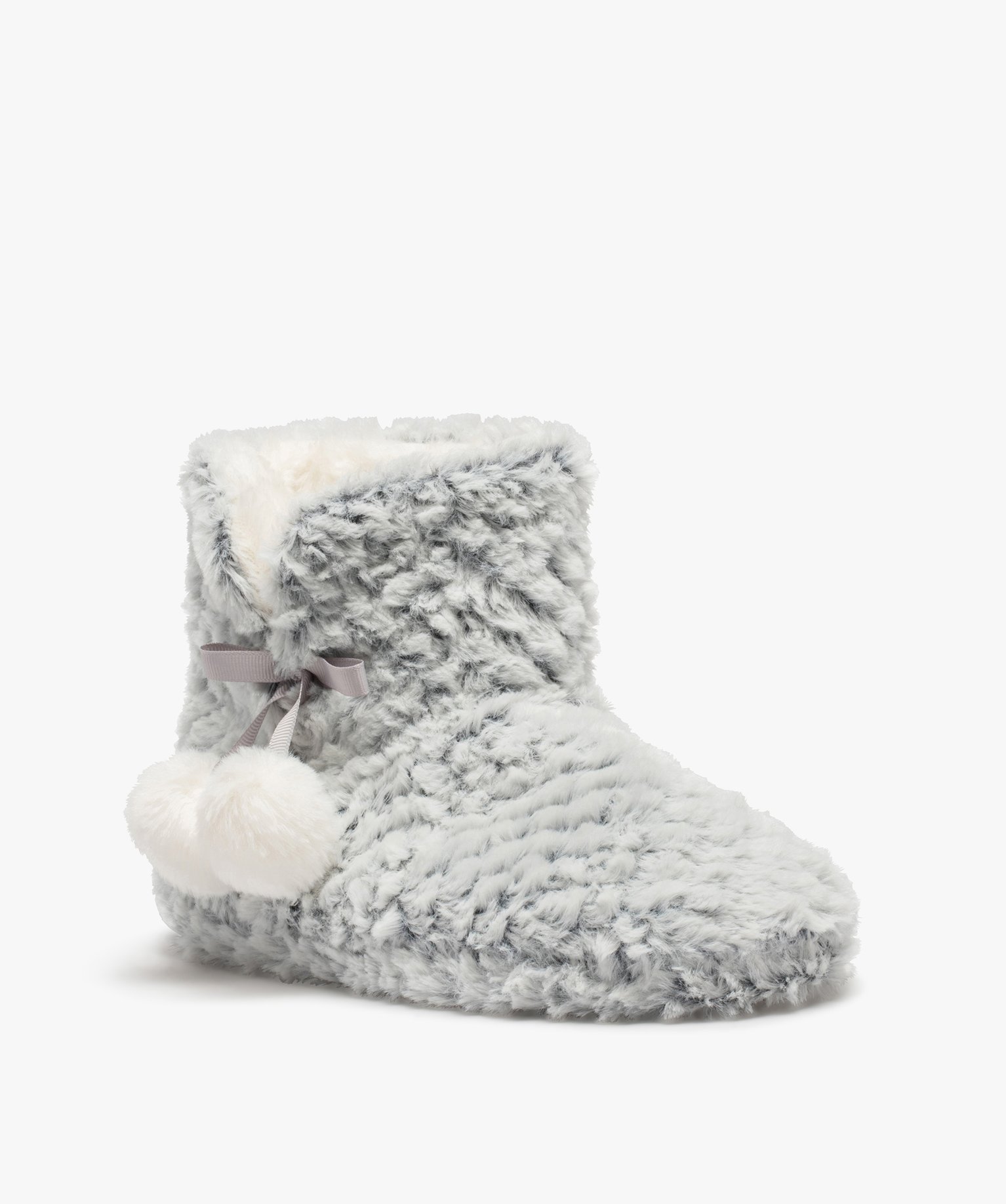 Chaussons boots fourrées avec pompons décoratifs femme gris | GEMO
