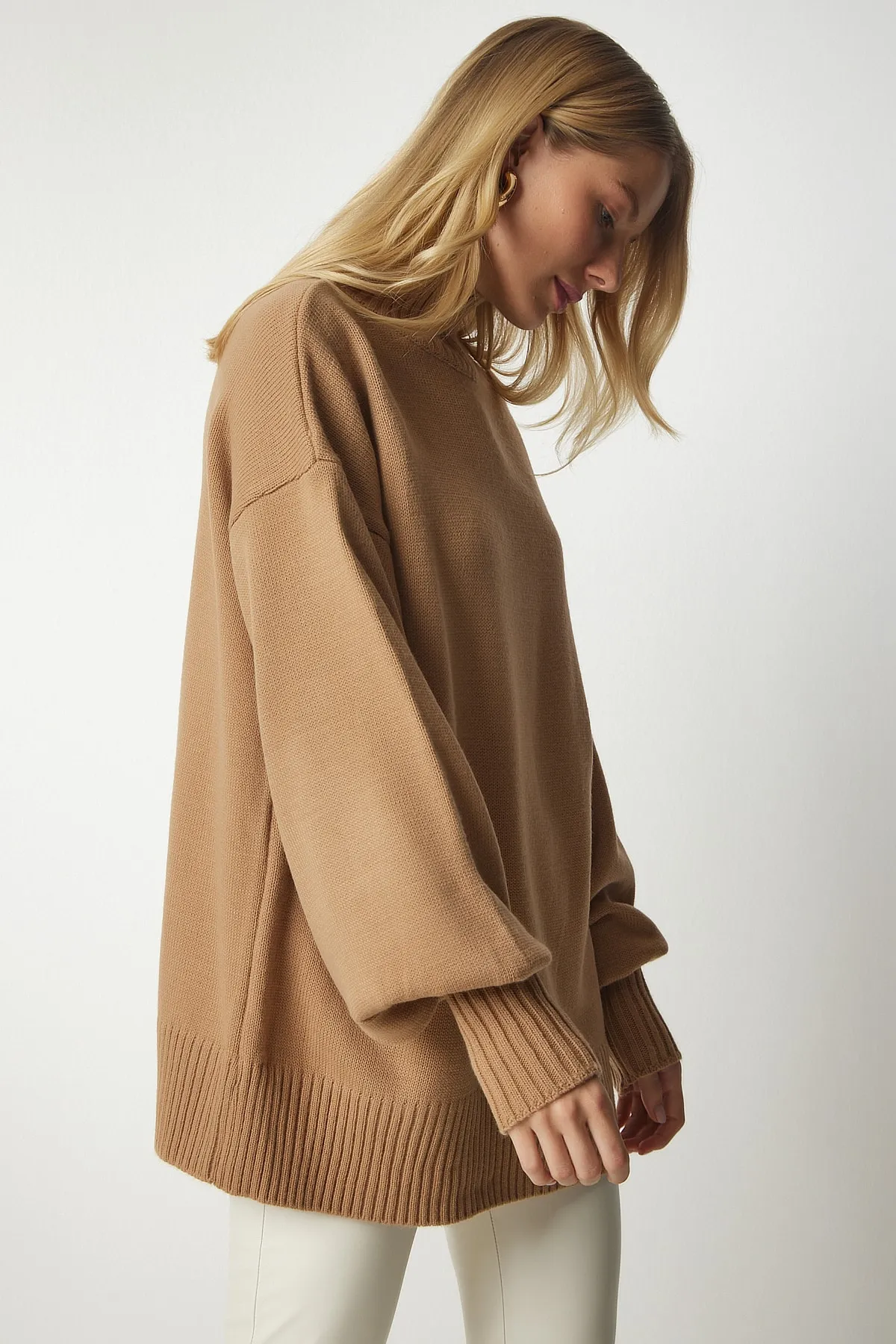 Happiness İstanbul  Damen Biscuit Stehkragen Oversize Basic Strickpullover YY00167