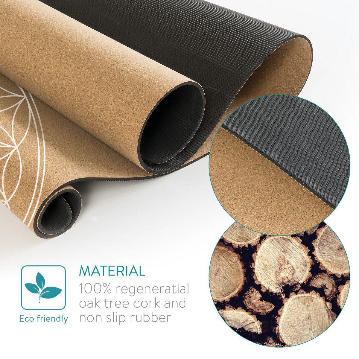 Navaris Yogamatte Korkmatte mit Tragegurt, rutschfest, 183x61x0,5cm